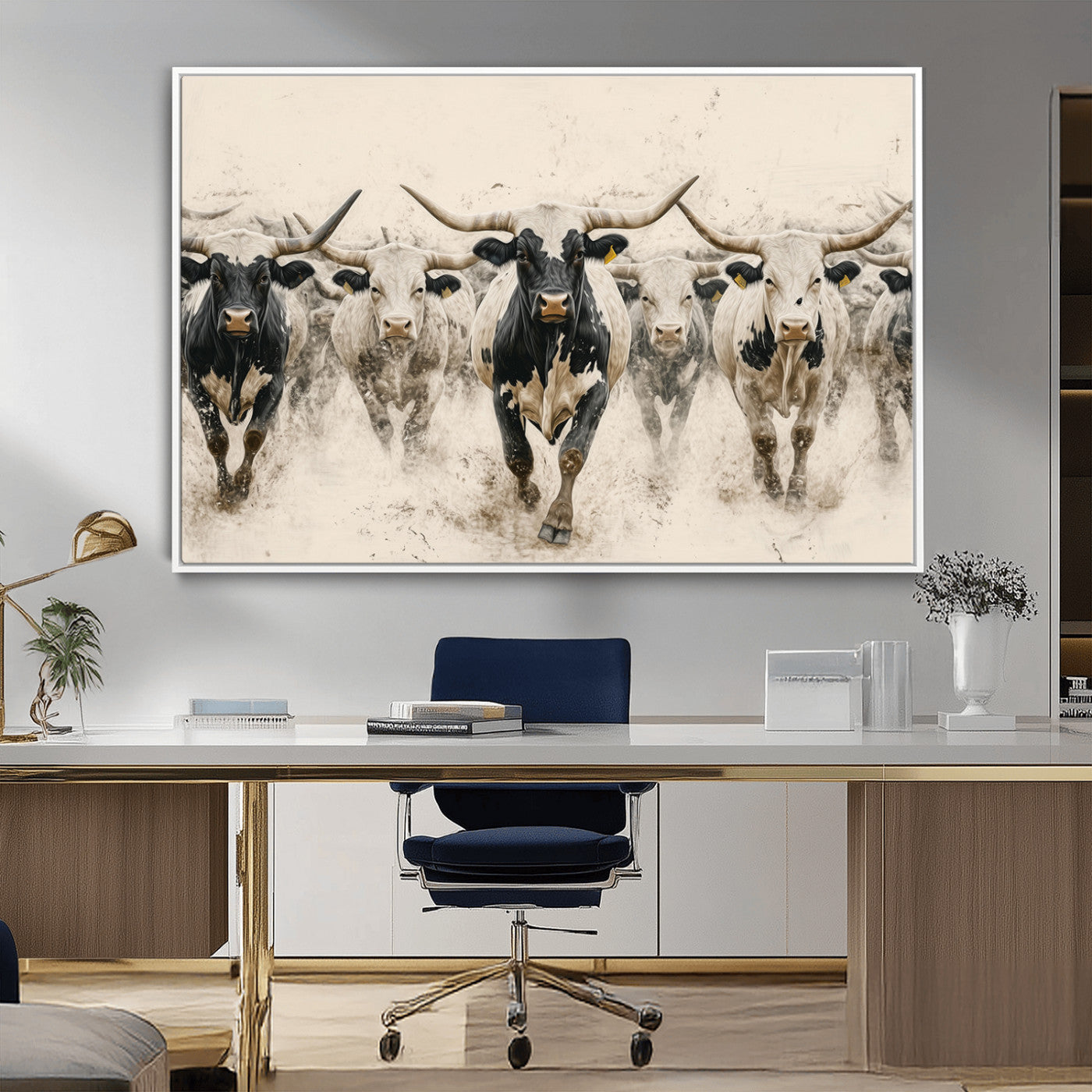 61538944-MGV-CV-36X24-Texas Longhorn Wall Art Canvas Print, Framed Cattles Walking Art Picture Print, Black White Bulls Perfect Rustic Western Decor