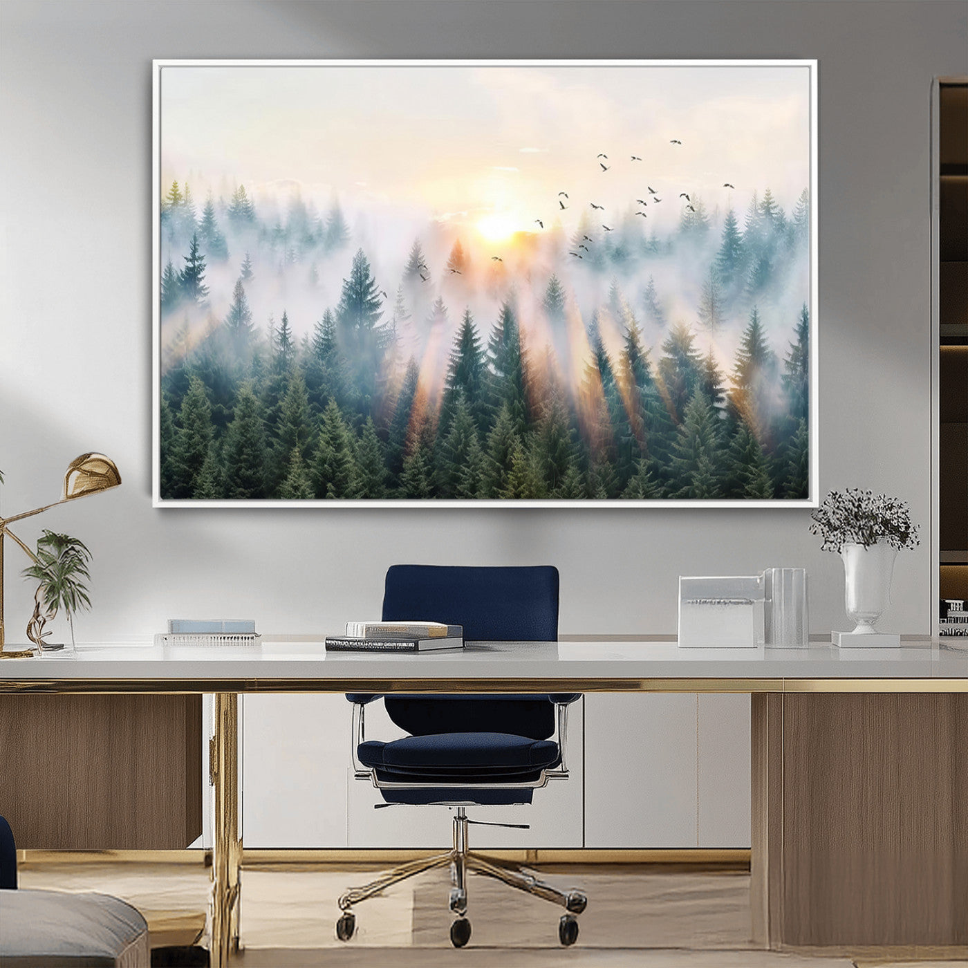 92718976-MGV-CV-36X24-Misty Forest Wall Art Canvas Print, Framed Sunrise Pines Art Picture Print, Foggy Woodland Perfect Moody Woodland Decor Artwork