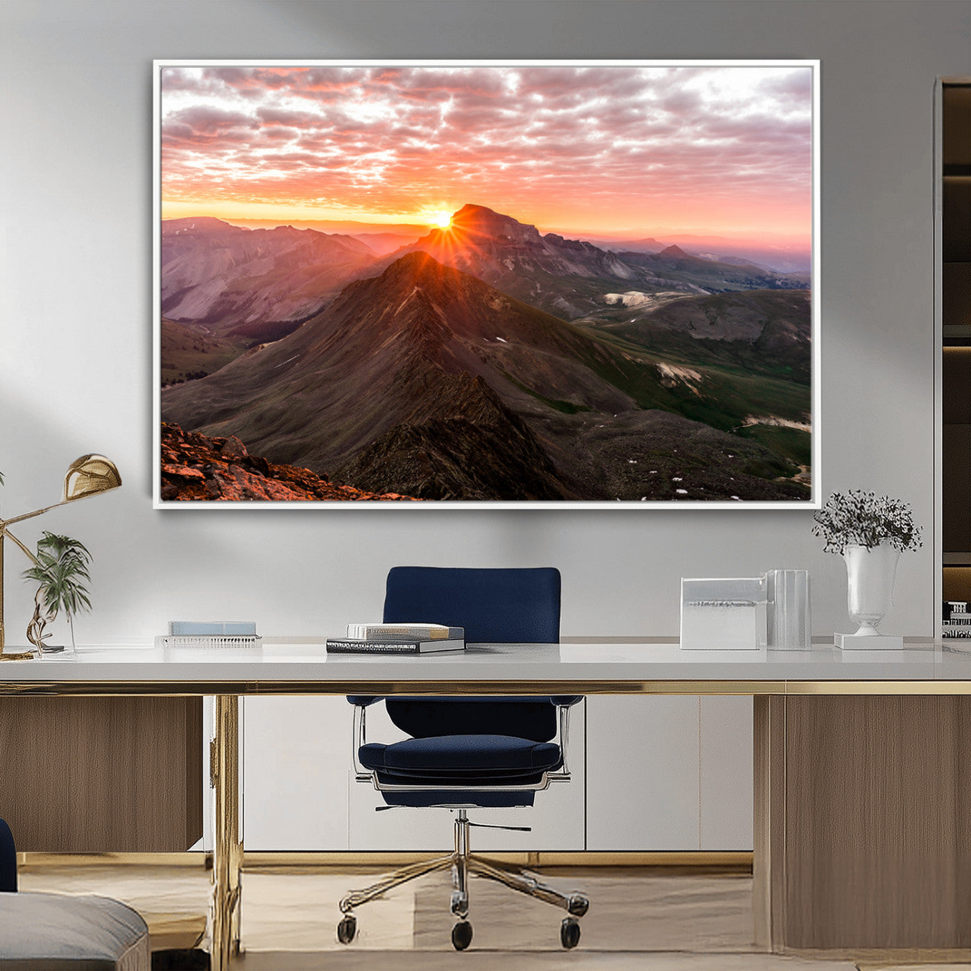 50957419-MGV-FC-36X24_White-Mountain Sunrise Wall Art Canvas Print, Framed Alpine Ridge Art Picture Print, Mountain Range Perfect Vibrant Rustic Decor Artwork