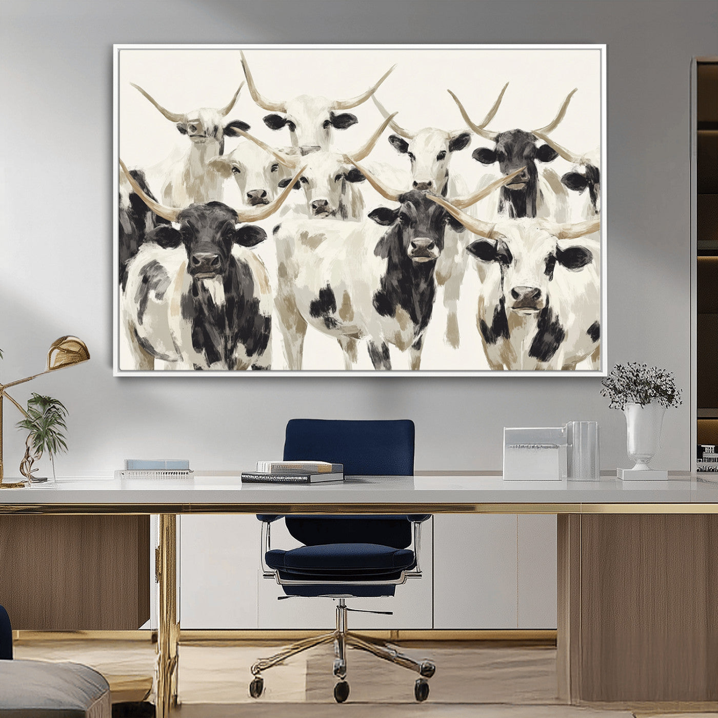 52947970-MGV-FC-36X24_White-Texas Longhorn Wall Art Canvas Print, Framed Cattle Herd Art Picture Print, Herd Portrait Perfect Modern Farmhouse Decor Artwork