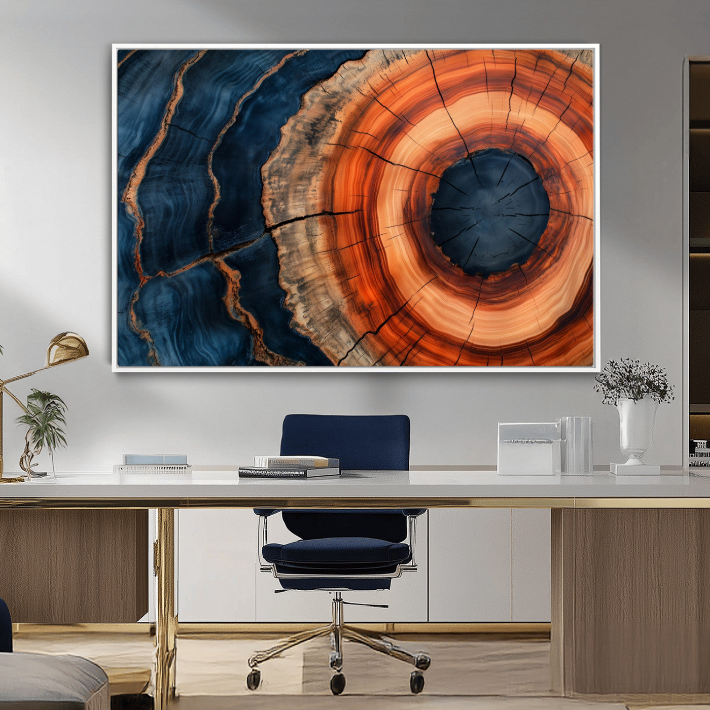 41123192-MGV-CV-36X24-Tree Ring Canvas Wall Art – Abstract Blue Orange Wood Grain Print, Rustic Modern Nature Artwork for Living Room, Bedroom, Office