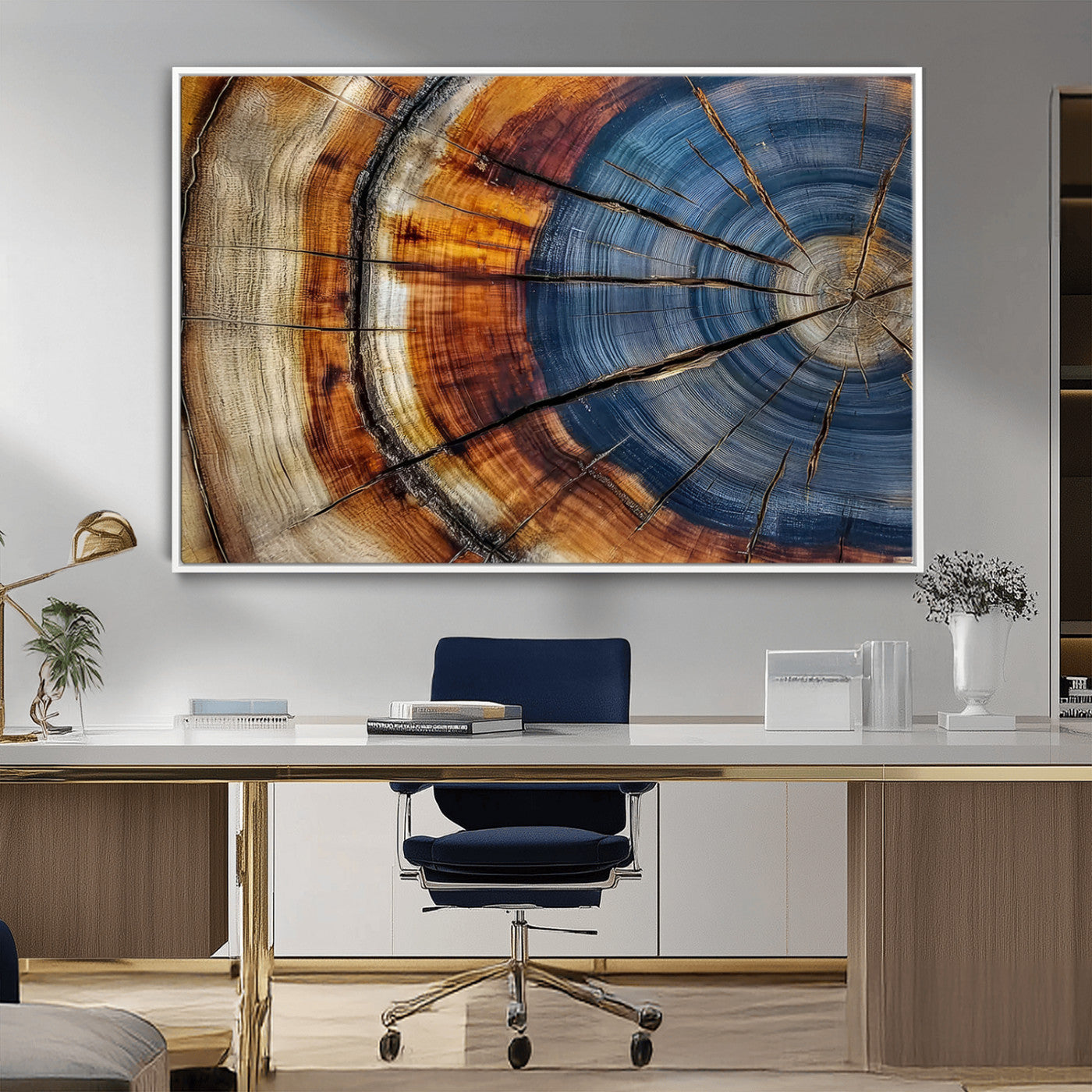 18032999-MGV-FC-36X24_White-Tree Ring Wall Art – Blue Brown Abstract Wood Slice Canvas Print, Rustic Modern Nature Decor for Living Room, Office, Bedroom or