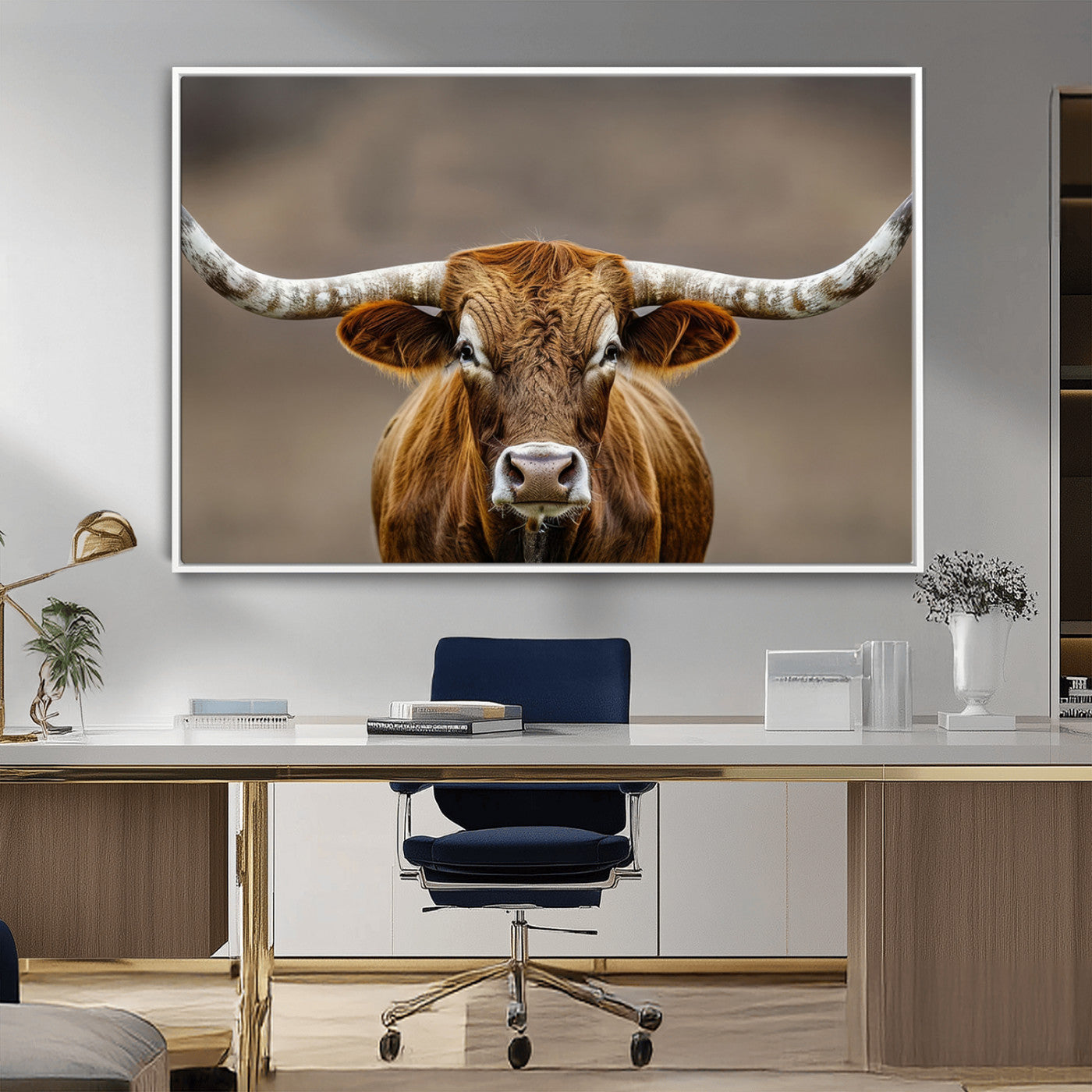 12179171-MGV-CV-36X24-Texas Longhorn Wall Art Canvas Print, Framed Brown Bull Art Picture Print, Lone Cattle Perfect Rustic Western Decor Artwork