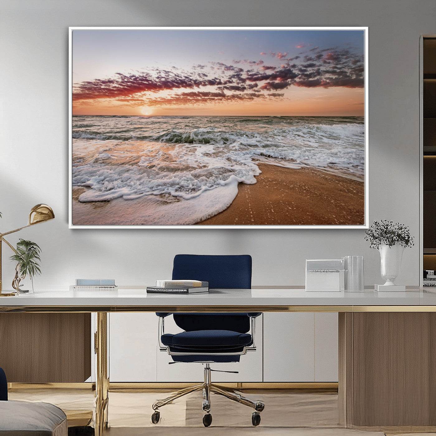 39846389-MGV-CV-36X24-Ocean Sunset Wall Art Canvas Print, Framed Sandy Shore Art Picture Print, Gentle Waves Perfect Minimalist Coastal Decor Artwork