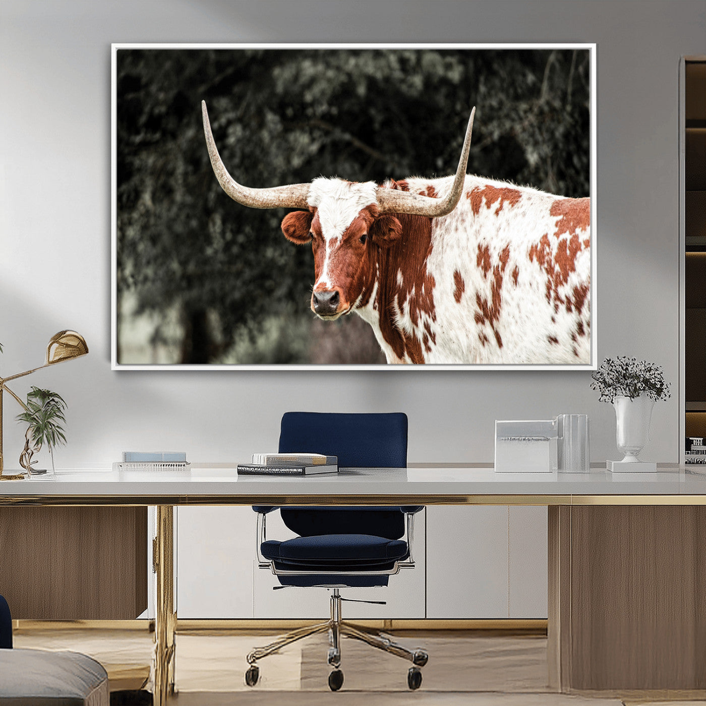 54027638-MGV-CV-36X24-Texas Longhorn Wall Art Canvas Print, Framed Spotted Cow Art Picture Print, Horned Bull Perfect Rustic Western Decor Artwork