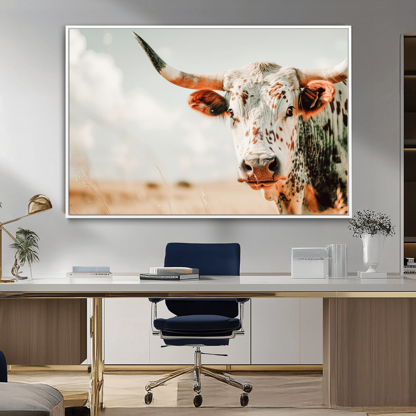 72766375-MGV-CV-36X24-Texas Longhorn Wall Art Canvas Print, Framed Spotted Cow Art Picture Print, Horned Cattle Perfect Rustic Western Decor Artwork