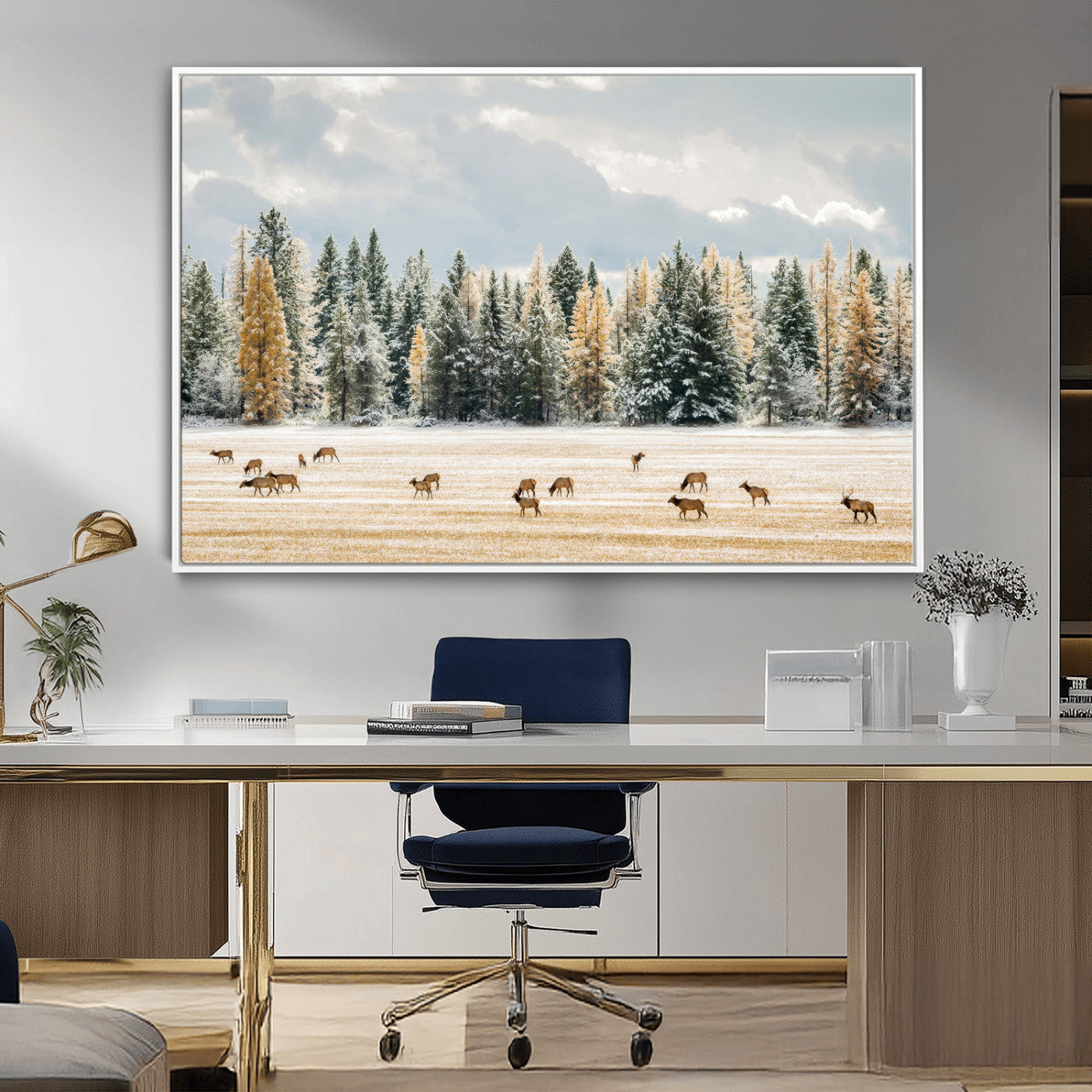64188182-MGV-CV-36X24-Elk Herd Wall Art Canvas Print, Framed Snowy Forest Art Picture Print, Forest Elks Perfect Neutral Rustic Decor Artwork