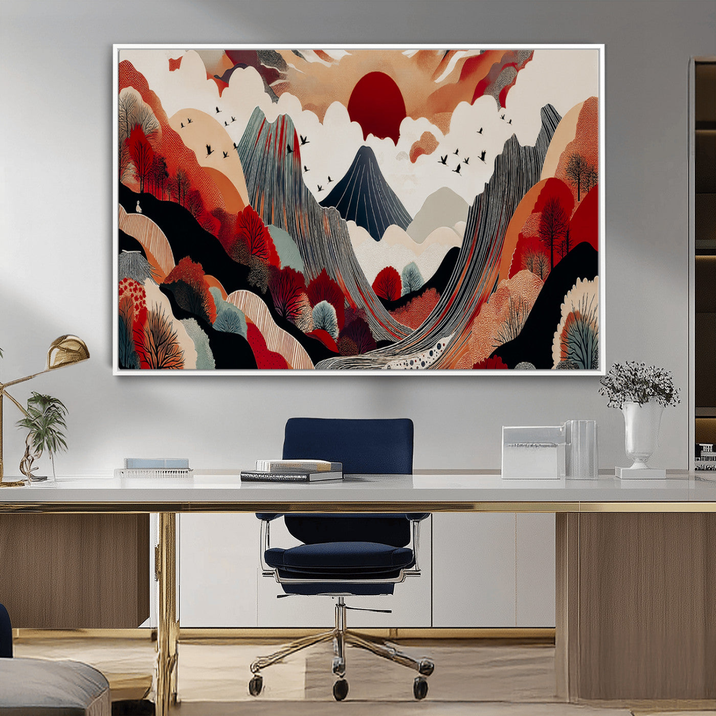 59495752-MGV-CV-36X24-Abstract Mountain Wall Art Canvas Print, Framed Vibrant Landscape Art Picture Print, Nature Drawing Perfect Contemporary