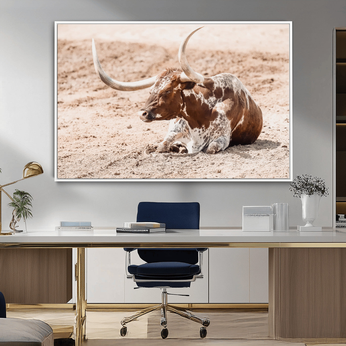 91248682-MGV-CV-36X24-Texas Longhorn Wall Art Canvas Print, Framed Resting Bull Art Picture Print, Spotted Cattle Perfect Rustic Western Decor Artwork