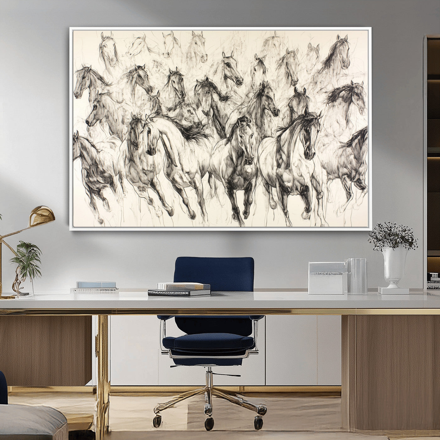 19433417-MGV-CV-36X24-Running Horses Wall Art Canvas Print, Framed Horse Sketch Art Picture Print, Galloping Herd Perfect Monochrome Western Decor