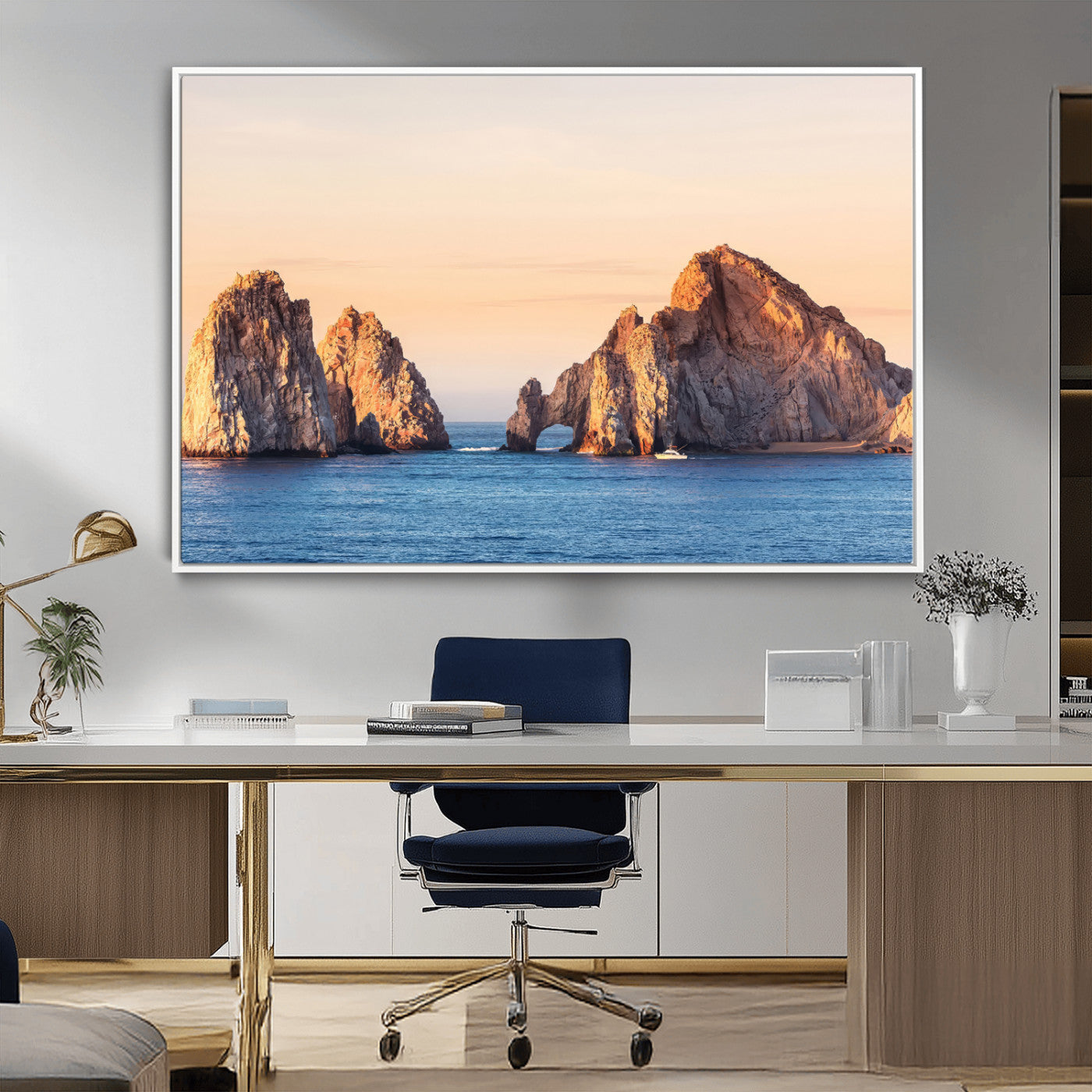 72996116-MGV-CV-36X24-El Arco Wall Art Canvas Print, Framed Cabo Rocks Art Picture Print, Ocean Arch Perfect Golden Coastal Landmark Decor Artwork