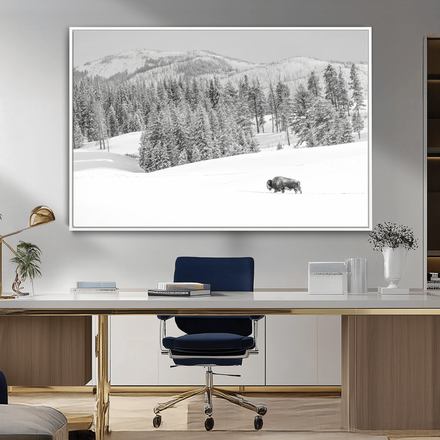 68081143-MGV-CV-36X24-Snowy Bison Wall Art Canvas Print, Framed Winter Forest Art Picture Print, Lone Bison Perfect Monochrome Winter Wild Decor Artwork