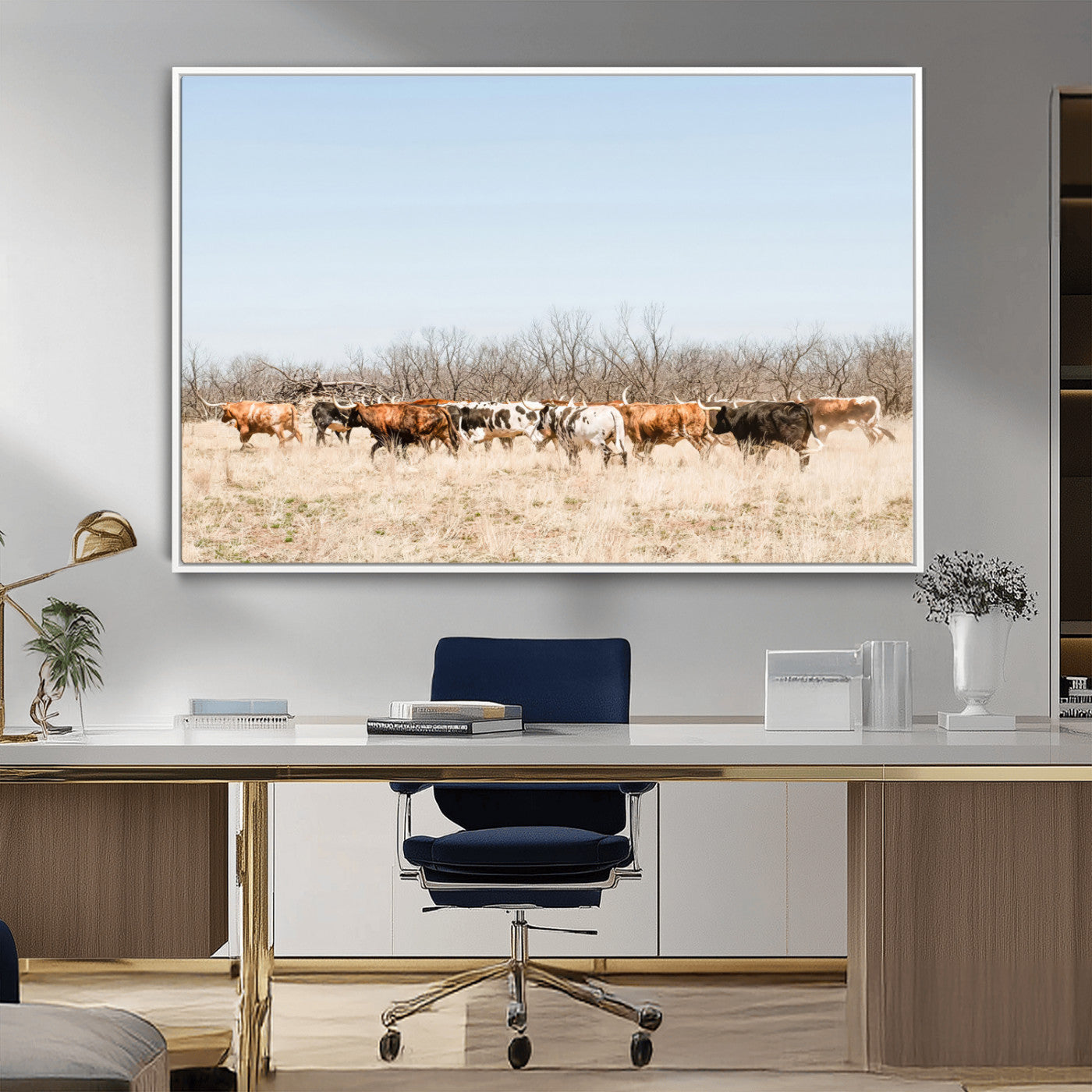 16563092-MGV-CV-36X24-Texas Longhorns Wall Art Canvas Print, Framed Western Cattles Art Picture Print, Rustic Herd Perfect Rustic Farmhouse Decor