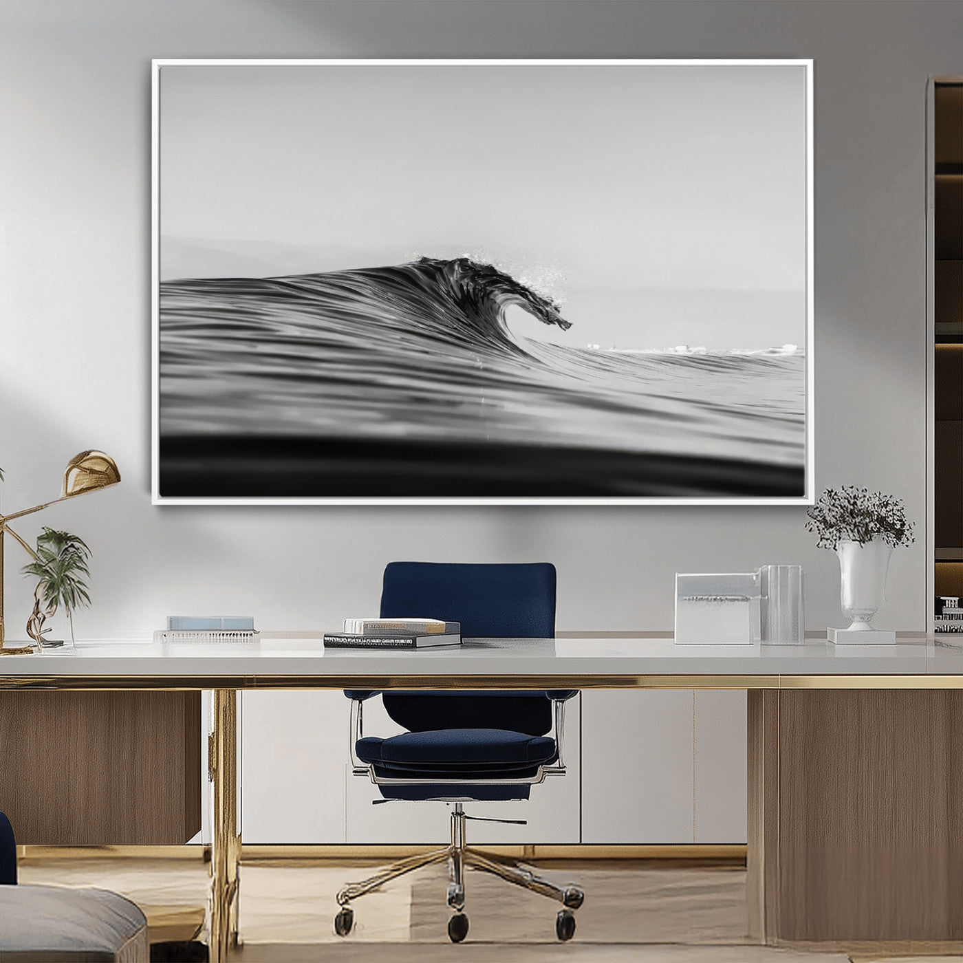 24029476-MGV-CV-36X24-Black Wave Wall Art Canvas Print, Framed Abstract Surf Art Picture Print, Minimalist Ocean Perfect Minimalist Coastal Decor