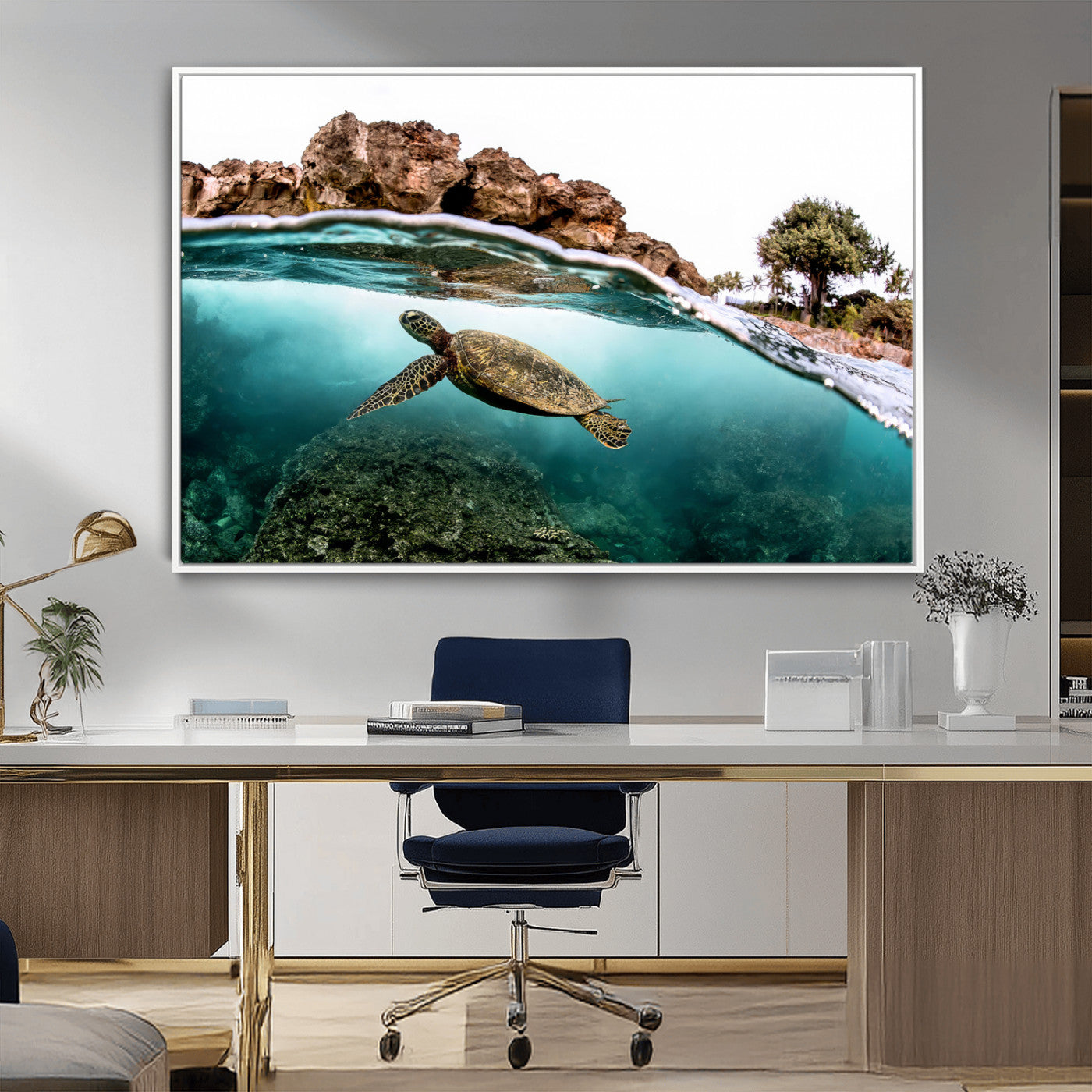 44200301-MGV-CV-36X24-Sea Turtle Swim Wall Art Canvas Print, Framed Ocean Life Art Picture Print, Tropical Shoreline Perfect Tropical Coastal Decor