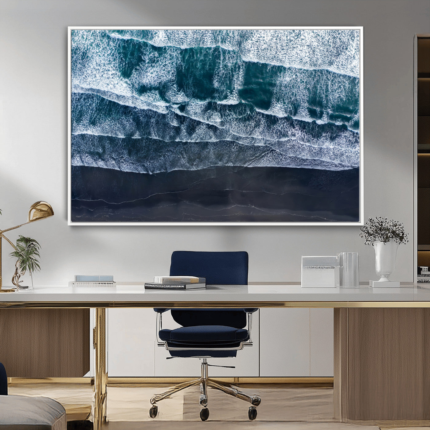 87941475-MGV-CV-36X24-Black Beach Wall Art Canvas Print, Framed Aerial Ocean Art Picture Print, Moody Coastal Perfect Modern Coastal Decor Artwork