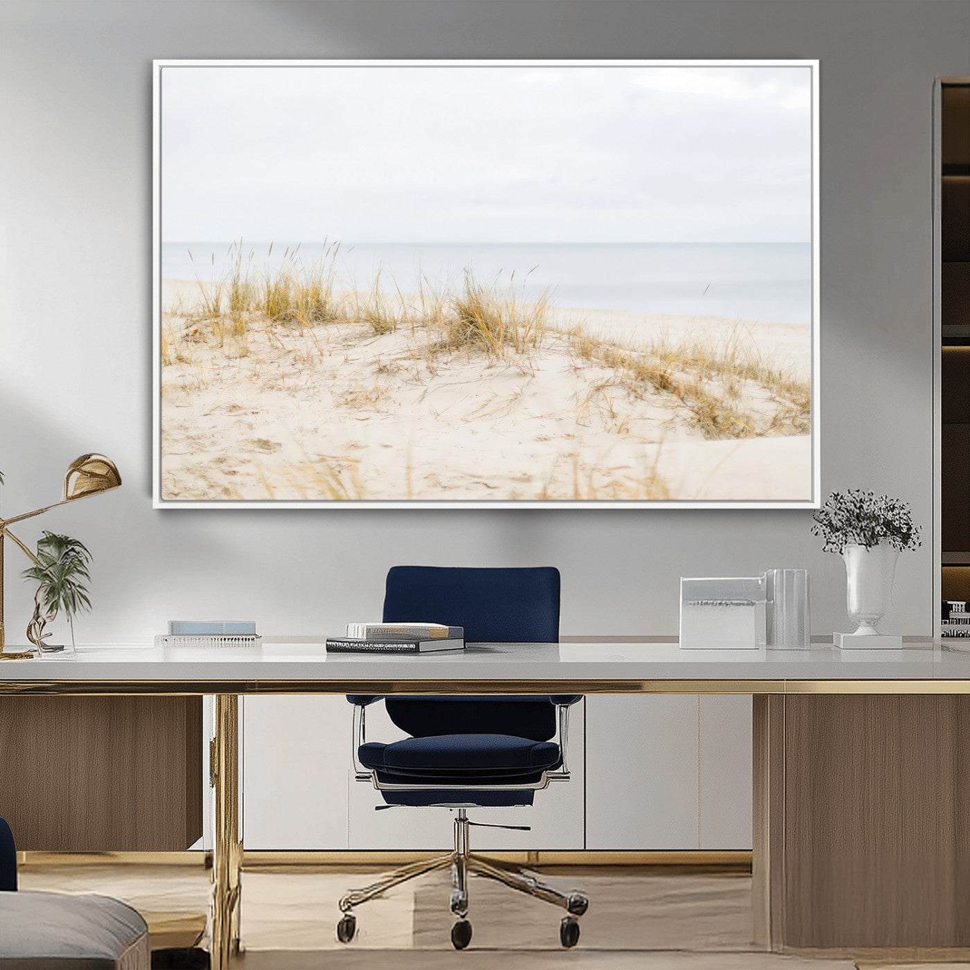 13146857-MGV-CV-36X24-Beach Dunes Wall Art Canvas Print, Framed Soft Horizon Art Picture Print, Coastal Grass Perfect Minimalist Coastal Decor Artwork