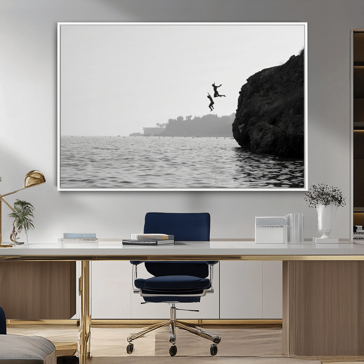 52284302-MGV-CV-36X24-Cliff Jumping Wall Art Canvas Print, Framed Ocean Adventure Art Picture Print, Black White Coast Perfect Modern Coastal Decor