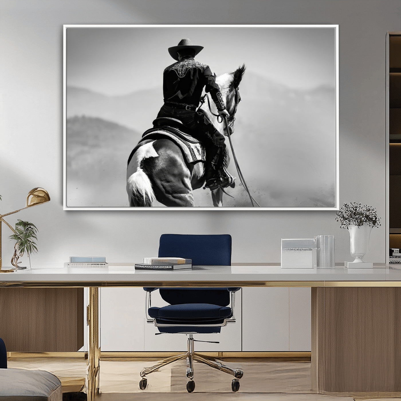 83102464-MGV-CV-36X24-Western Cowboy Wall Art Canvas Print, Framed Monochrome Horse Art Picture Print, Western Equestrian Perfect Rustic Western Decor