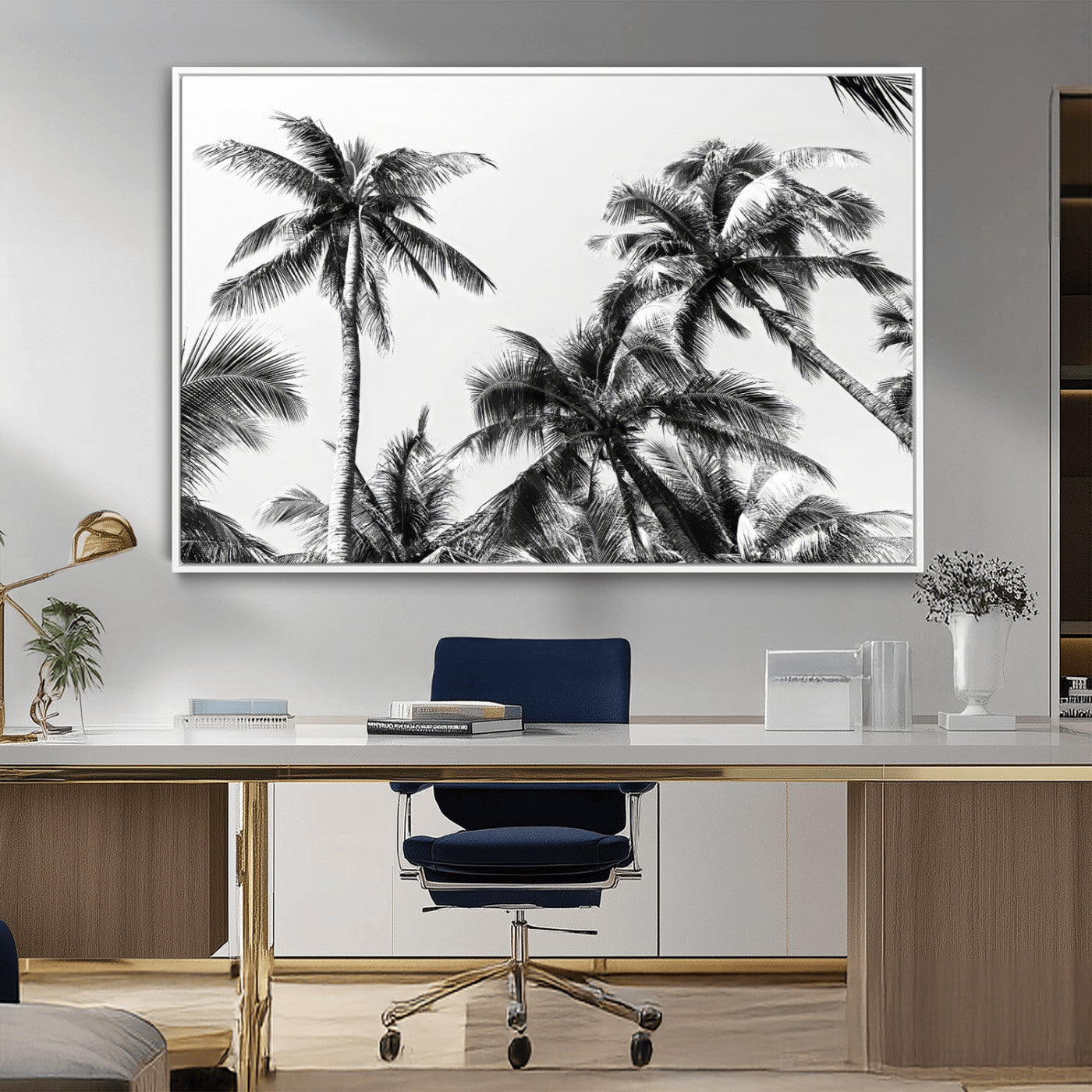 46641801-MGV-CV-36X24-Palm Tree Wall Art Canvas Print, Framed Black White Tropics Art Picture Print, Monochrome Palms Perfect Modern Tropical Minimalist