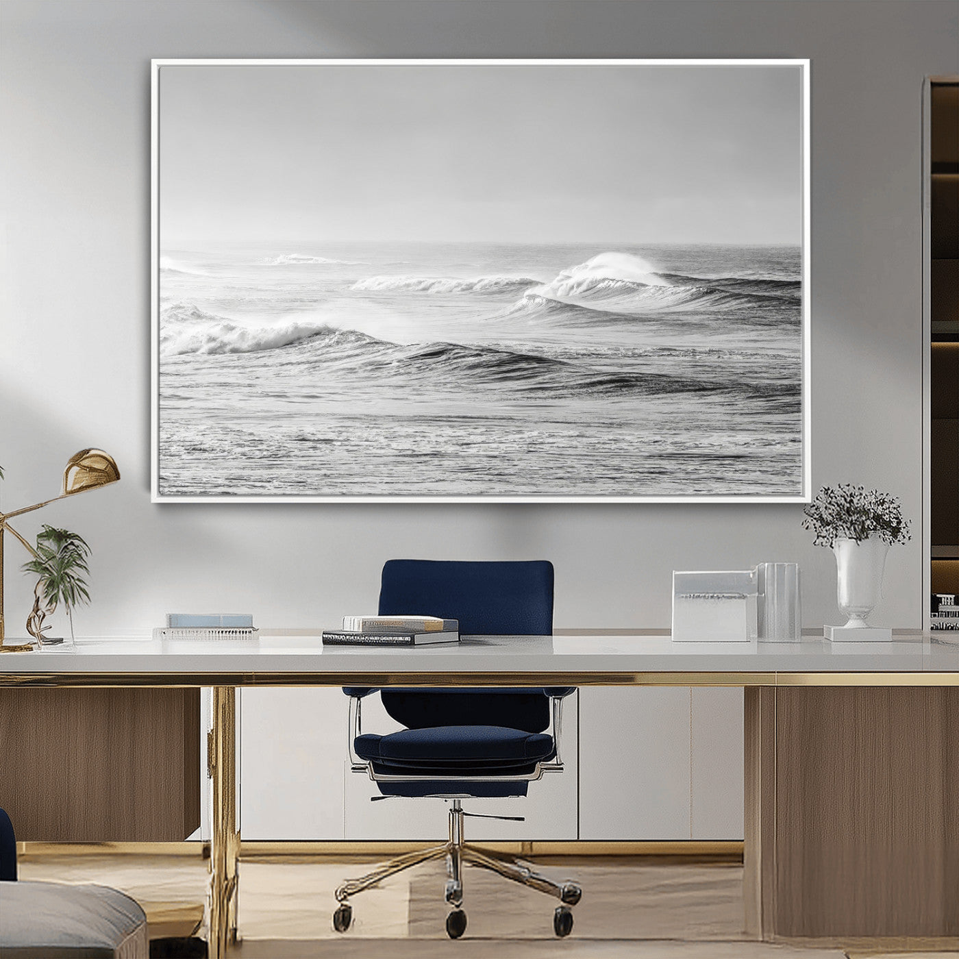 98634812-MGV-FC-36X24_White-Black and White Ocean Waves Wall Art – Minimalist Sea Canvas Print, Coastal Photography Decor for Living Room, Bedroom or Office