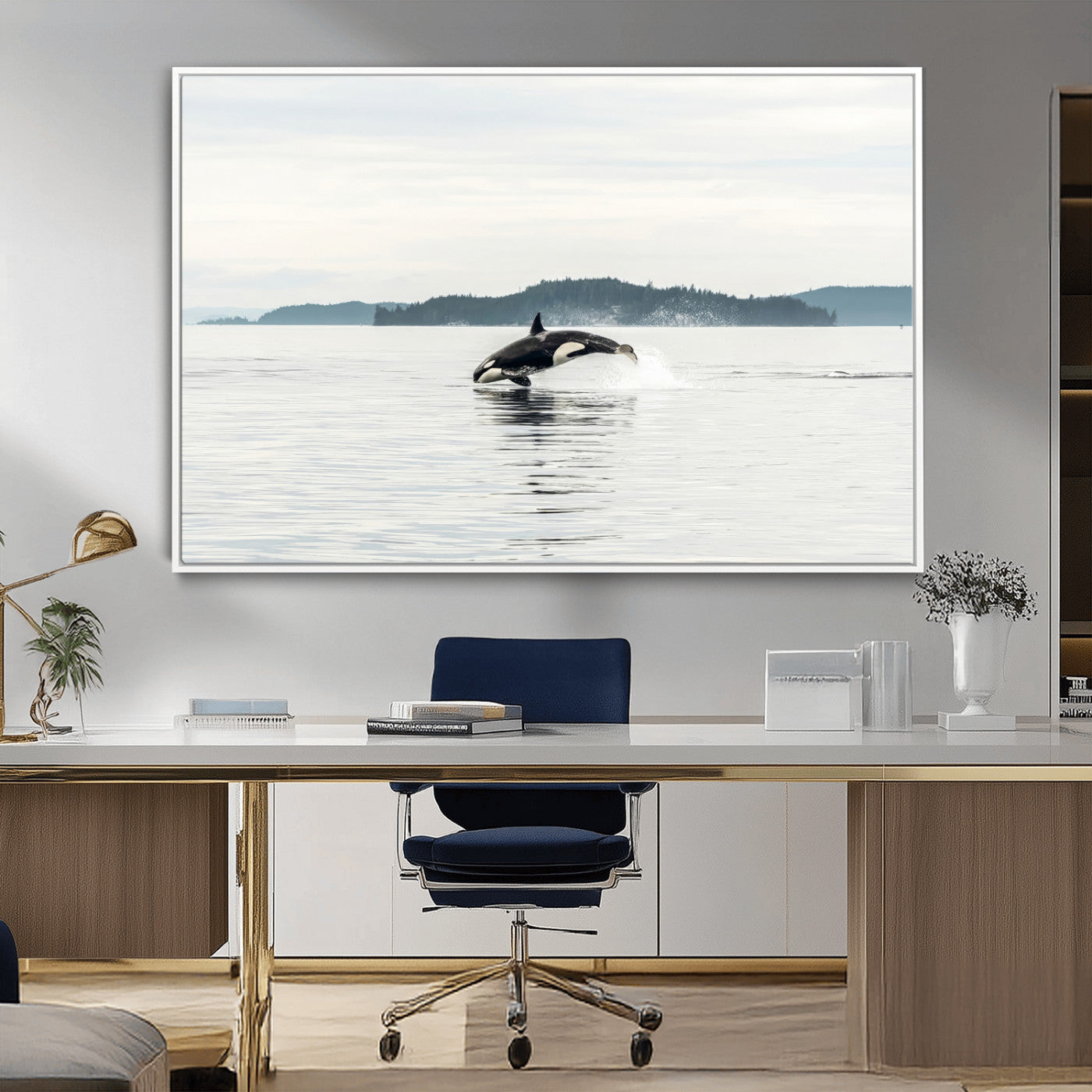 10157174-MGV-CV-36X24-Orca Whale Wall Art Canvas Print, Framed Black White Whale Art Picture Print, Minimalist Ocean Perfect Coastal Minimalist Decor