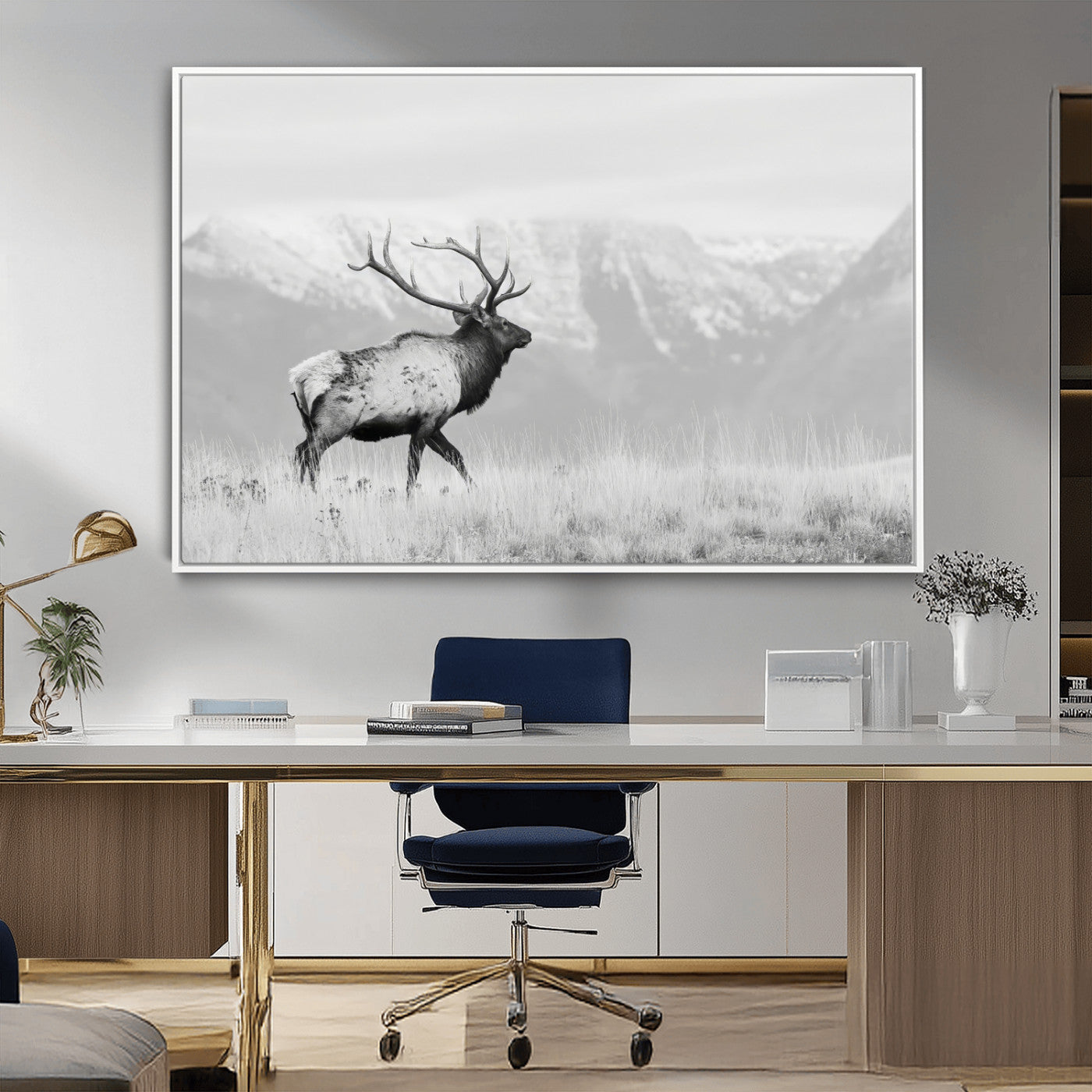 62278753-MGV-CV-36X24-Monochrome Elk Wall Art Canvas Print, Framed Mountain Wildlife Art Picture Print, Rustic Nature Perfect Rustic Minimalist Decor