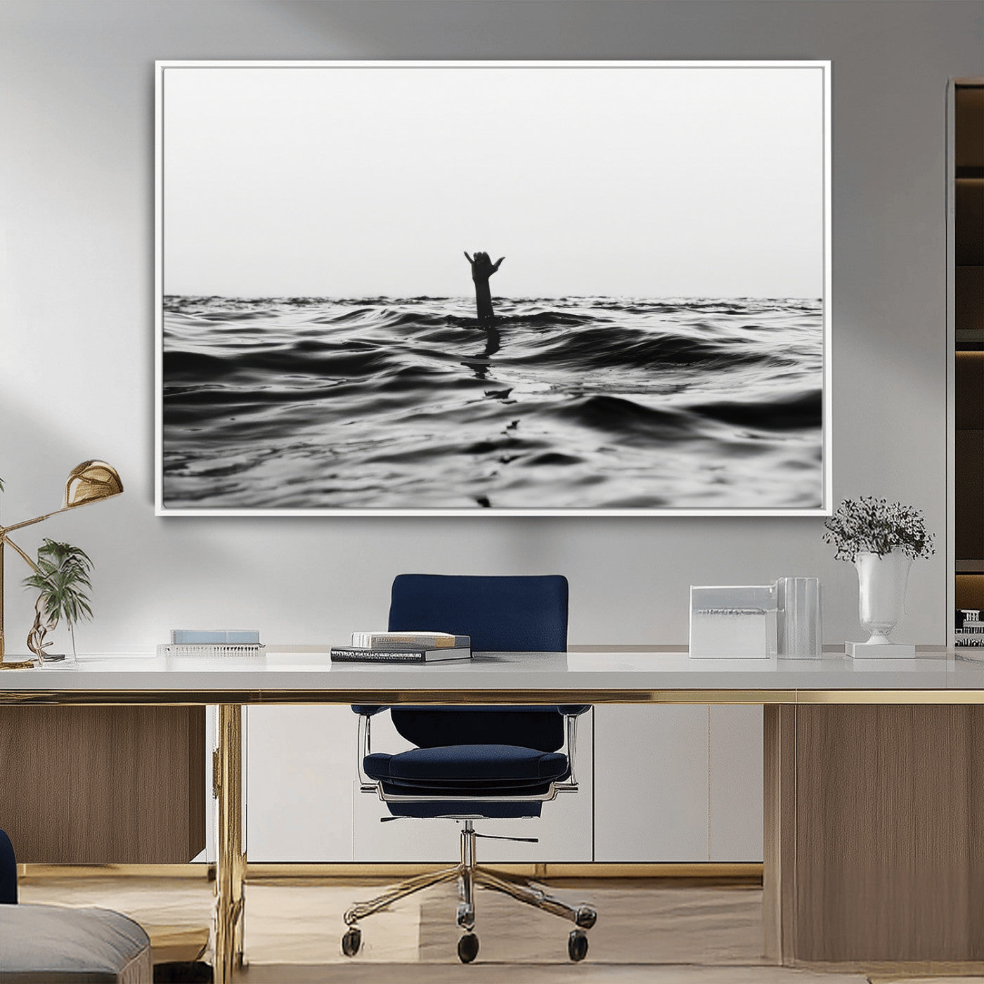 69541918-MGV-CV-36X24-Black White Ocean Wall Art Canvas Print, Framed Moody Seascape Art Picture Print, Surfer Sign Perfect Moody Minimalist Decor