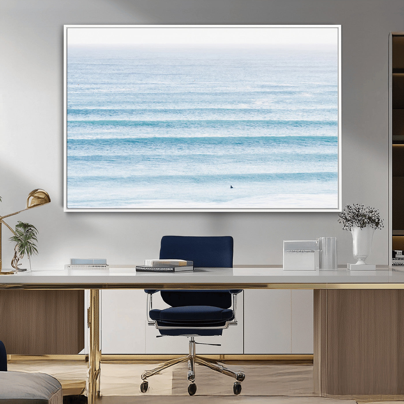 77145995-MGV-CV-36X24-Ocean Simplicity Wall Art Canvas Print, Framed Surfer on Water Art Picture Print, Light Blue Perfect Coastal Minimalist Decor