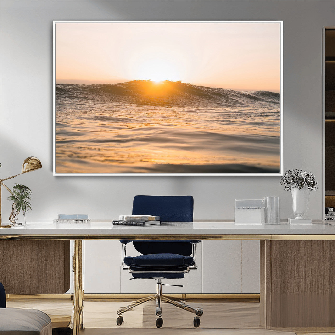 16973771-MGV-CV-36X24-Calm Water Wall Art Canvas Print, Framed Sunset Waves Art Picture Print, Coastal Warmth Perfect Warm Minimalist Decor Artwork