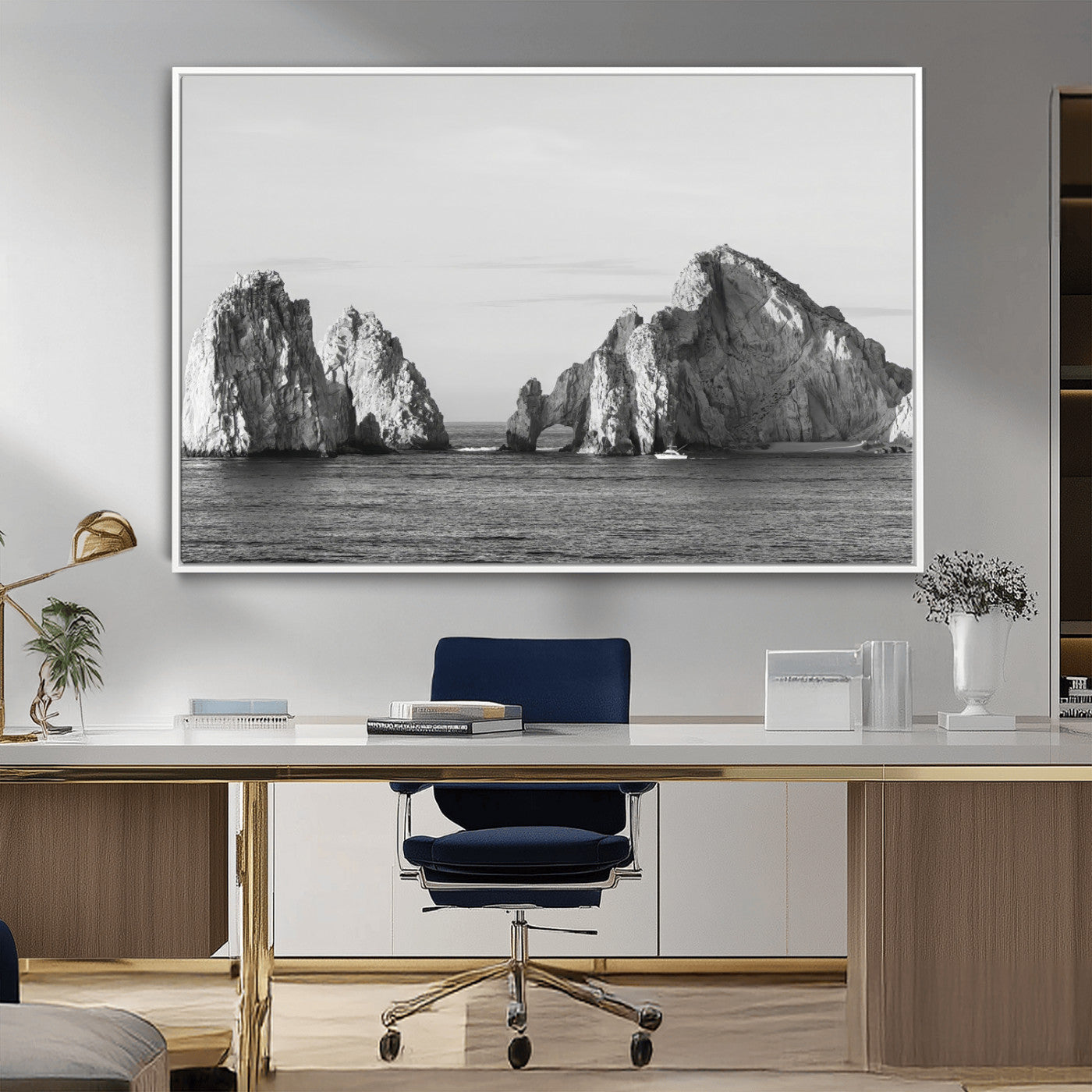 18810731-MGV-CV-36X24-Rugged Coastline Wall Art Canvas Print, Framed Ocean Cliffs Art Picture Print, Monochrome Seascape Perfect Coastal Minimalist