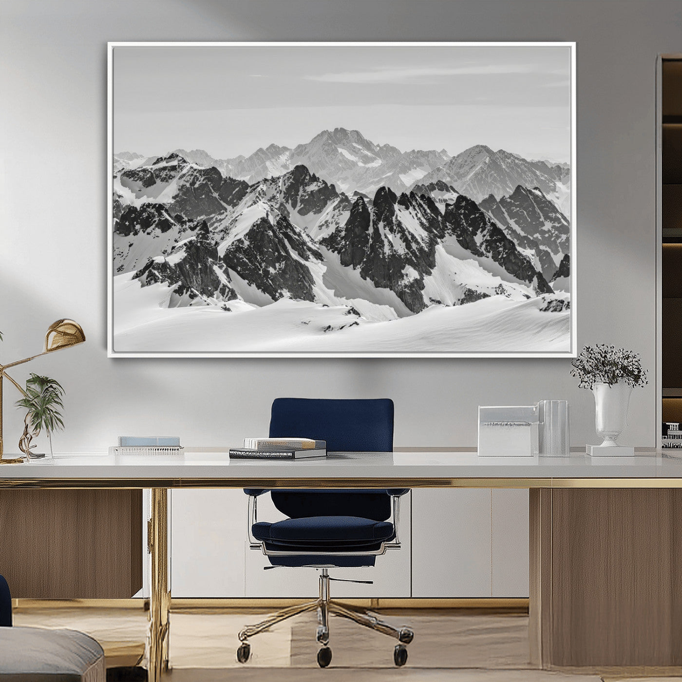 46884246-MGV-CV-36X24-Snowy Mountain Wall Art Canvas Print, Framed Mountain Peaks Art Picture Print, Alpine Mountains Perfect Minimalist Alpine Decor