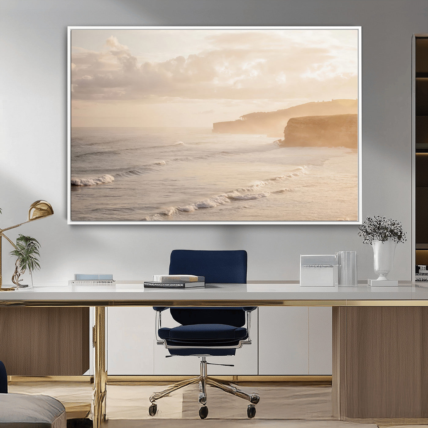 57669769-MGV-CV-36X24-Misty Coastal Wall Art Canvas Print, Framed Golden Sunset Art Picture Print, Serene Shoreline Perfect Tranquil Coastal Decor