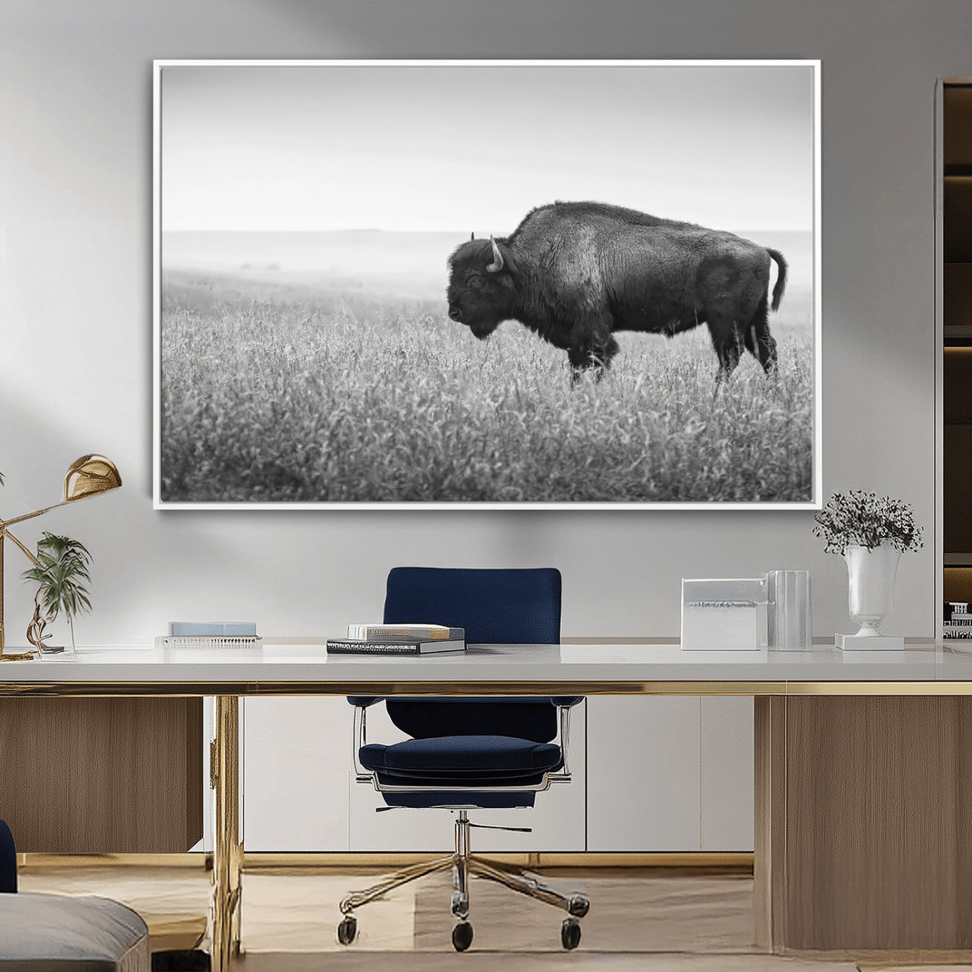 28435251-MGV-CV-36X24-Bison In Prairie Wall Art Canvas Print, Framed Rustic Wildlife Art Picture Print, Wild Buffalo Perfect Rustic Western Decor