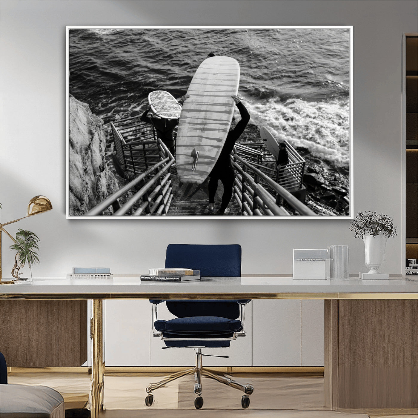 32353707-MGV-CV-36X24-Black White Surfing Wall Art Canvas Print, Framed Coastal Surfing Art Picture Print, Wave Riders Perfect Coastal Adventure Decor