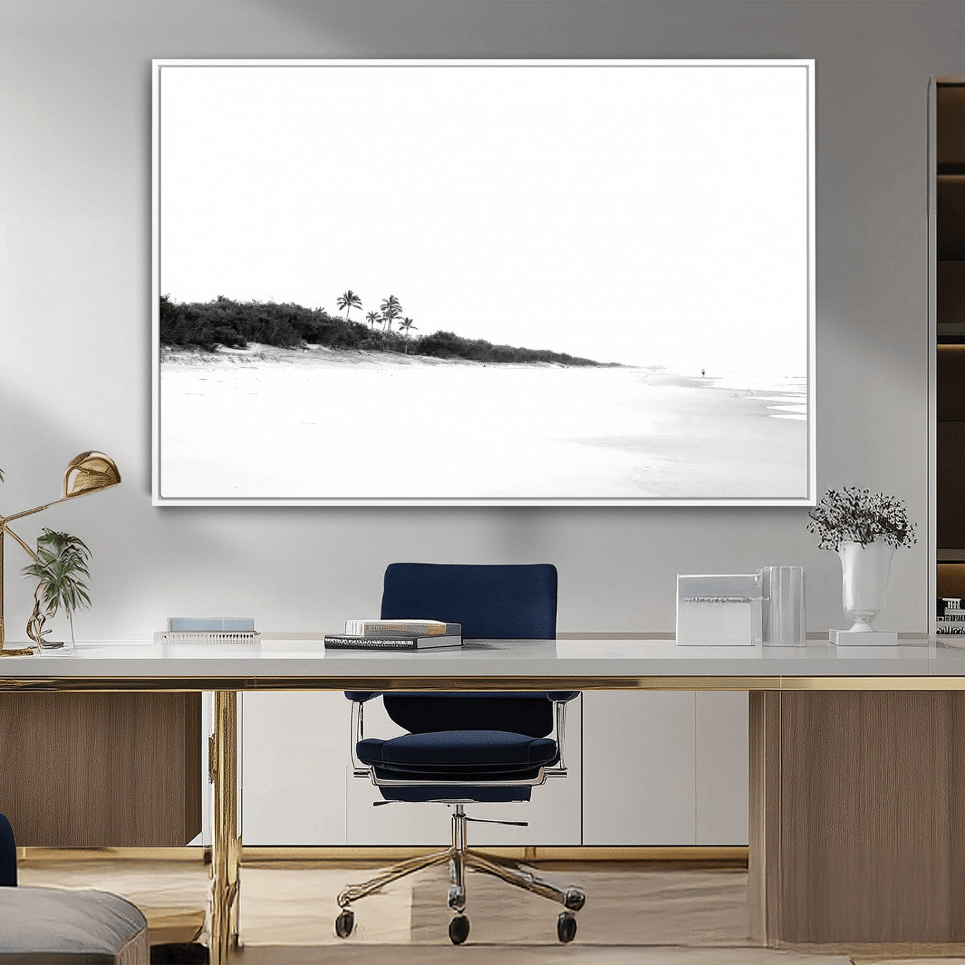 29611516-MGV-CV-36X24-Black White Beach Wall Art Canvas Print, Framed Palm Trees Art Picture Print, Monochrome Tropical Perfect Minimalist Coastal Decor