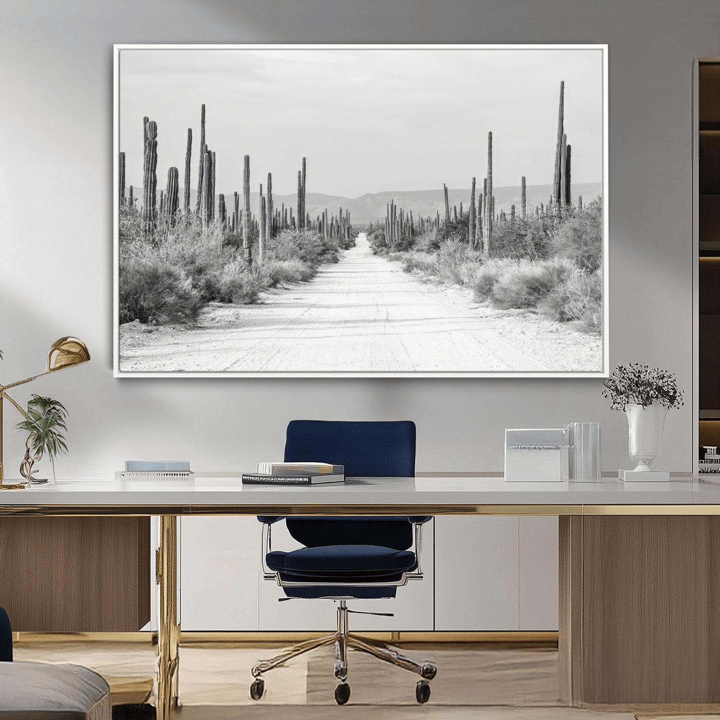 35537313-MGV-CV-36X24-Monochrome Desert Wall Art Canvas Print, Framed Cactus Path Art Picture Print, Southwestern Landscape Perfect Southwestern