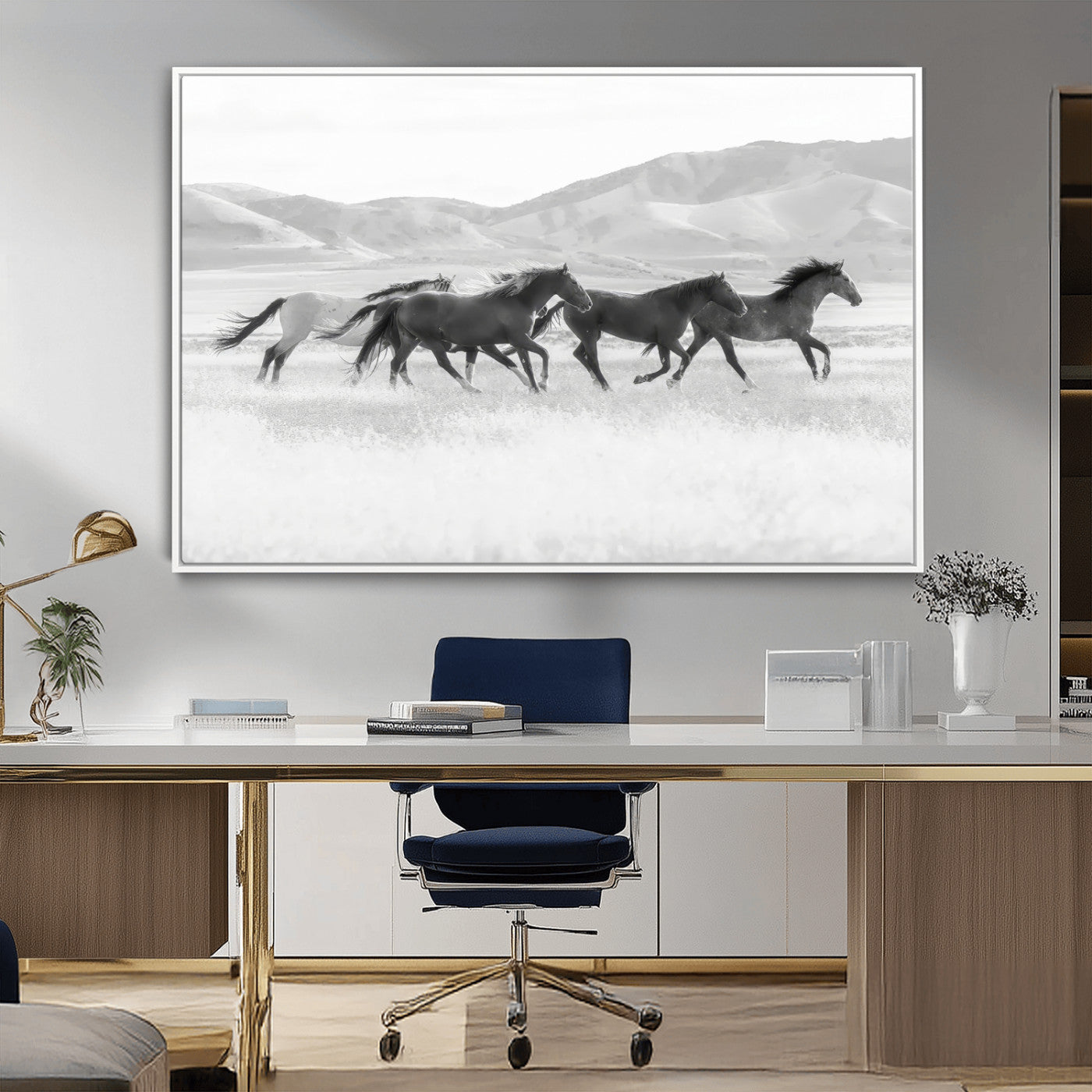69934913-MGV-CV-36X24-Wild Horses Running Wall Art Canvas Print, Framed Black White Mustangs Art Picture Print, Rustic Western Perfect Rustic Western