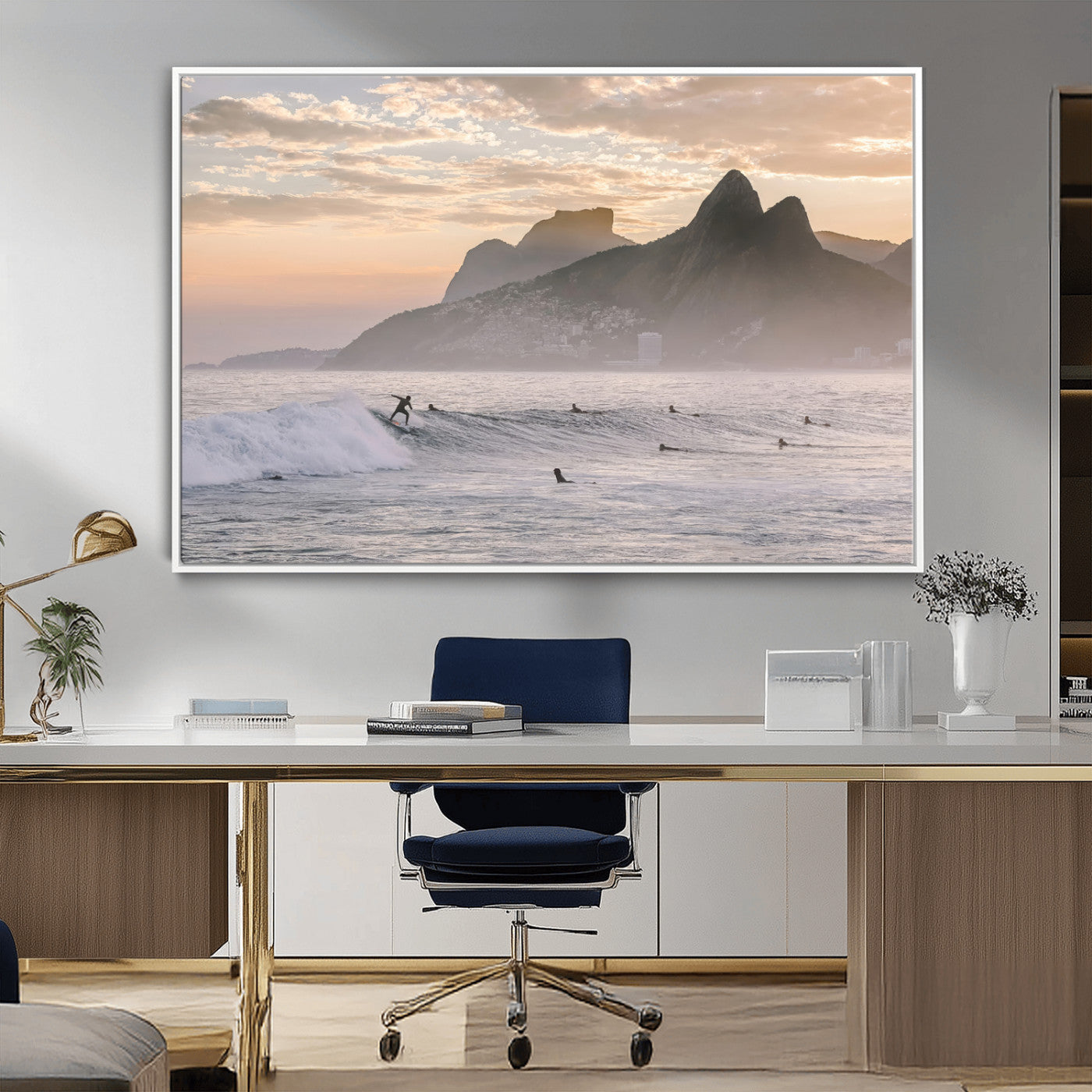 70644906-MGV-CV-36X24-Sunset Surfing Wall Art Canvas Print, Framed Misty Mountains Art Picture Print, Surfer Riding Wave Perfect Coastal Adventure Decor