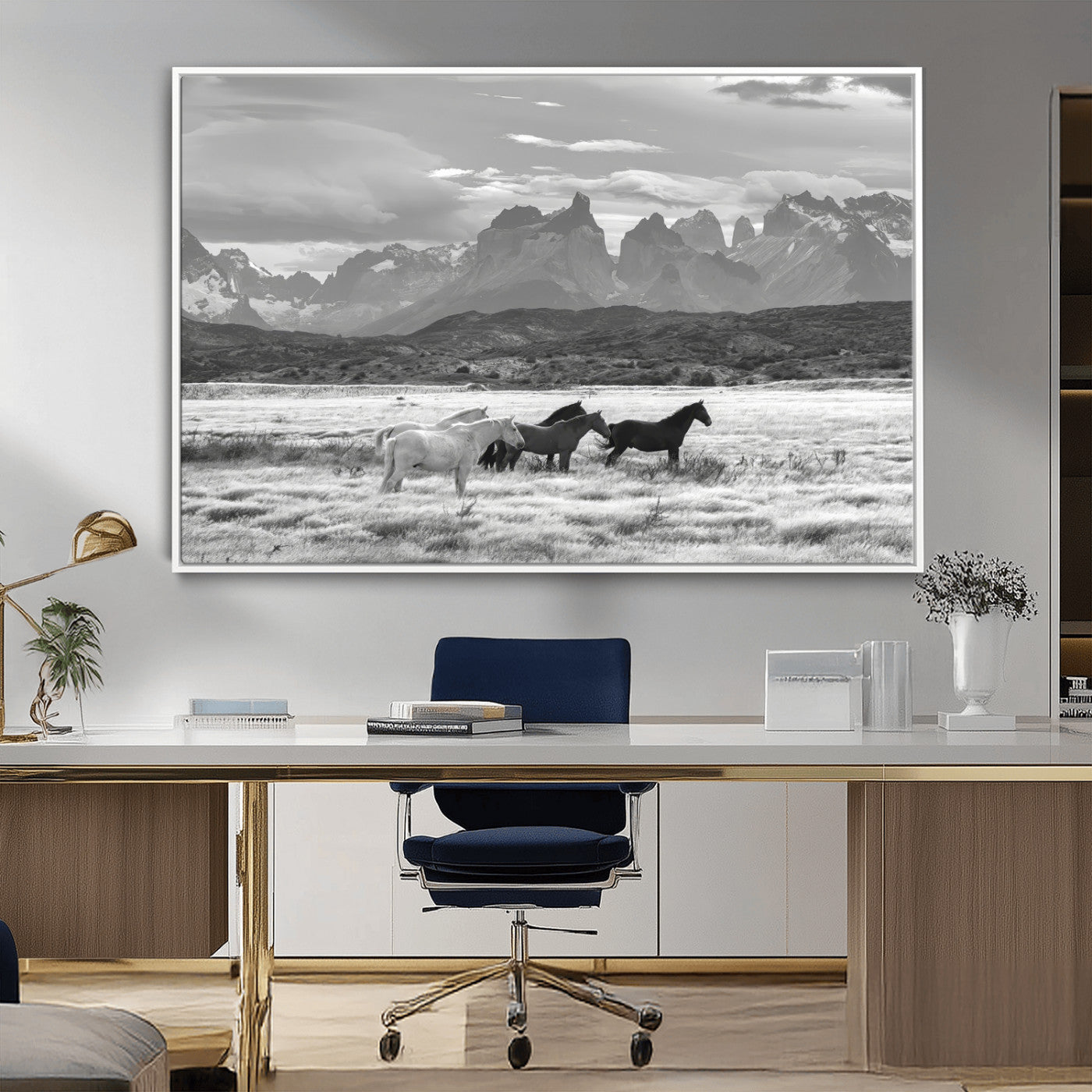 21655040-MGV-FC-36X24_White-Wild Horses Wall Art Canvas Print, Framed Black White Mountains Art Picture Print, Rustic Countryside Perfect Rustic Western Decor