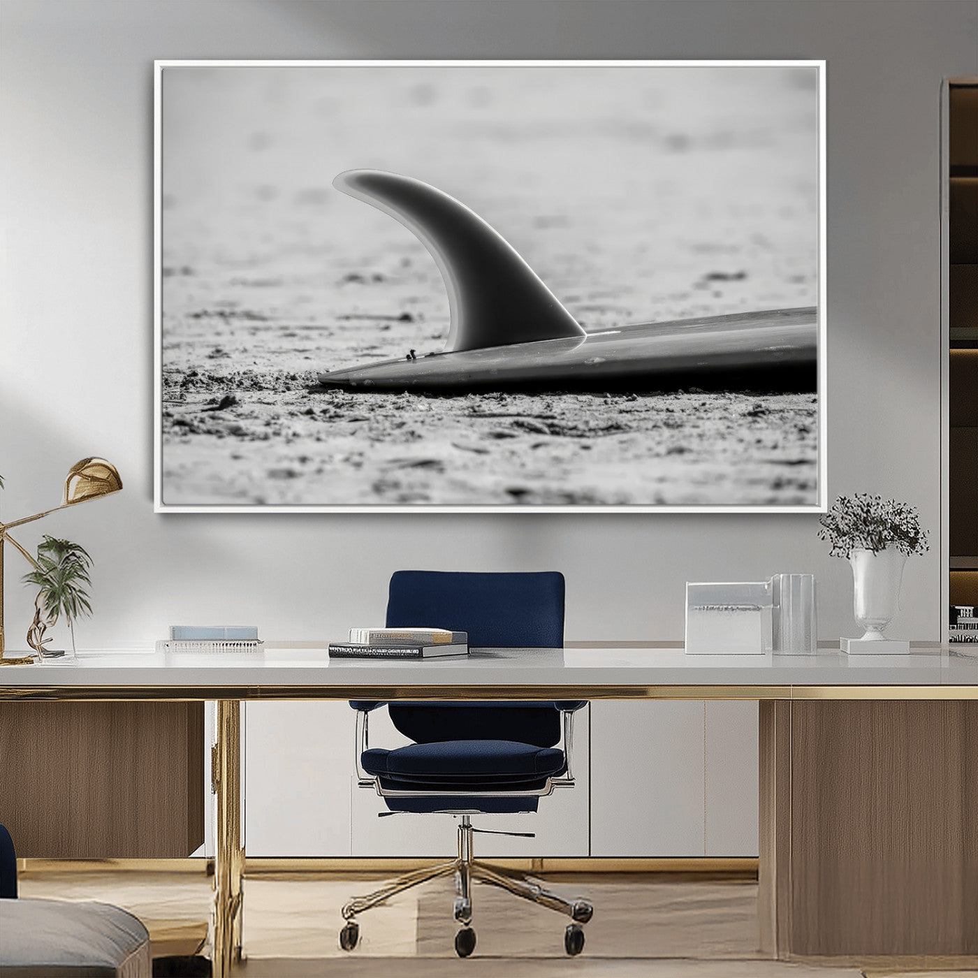 62314230-MGV-CV-36X24-Black White Surfboard Wall Art Canvas Print, Framed Minimalist Beach Art Picture Print, Surf Fin Perfect Minimalist Coastal Decor