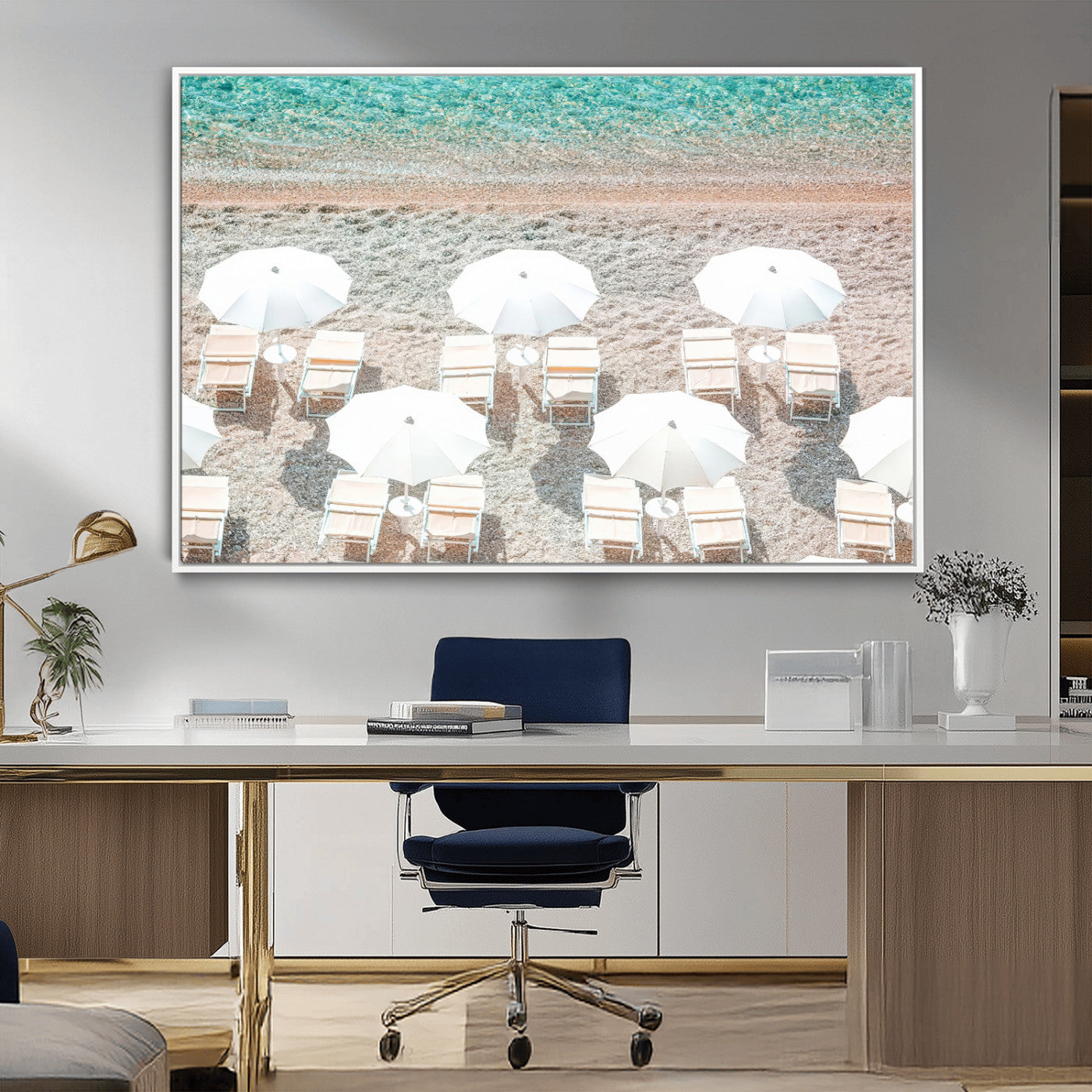 83736167-MGV-CV-36X24-Calm Beach Wall Art Canvas Print, Framed Turquoise Water Art Picture Print, Umbrella Shoreline Perfect Coastal Minimalist Decor