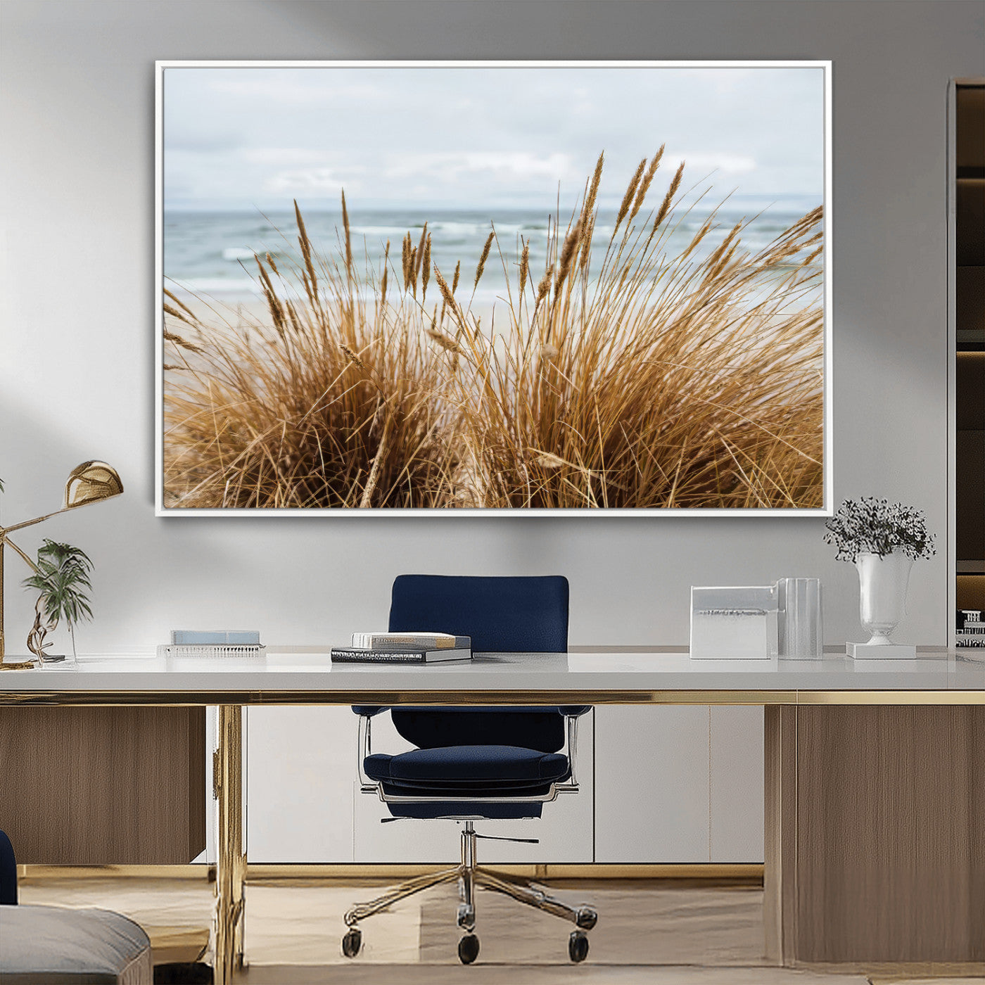 14270839-MGV-CV-36X24-Beach Grass Wall Art Canvas Print, Framed Coastal Dunes Art Picture Print, Dune Grass Perfect Coastal Minimalist Decor Artwork