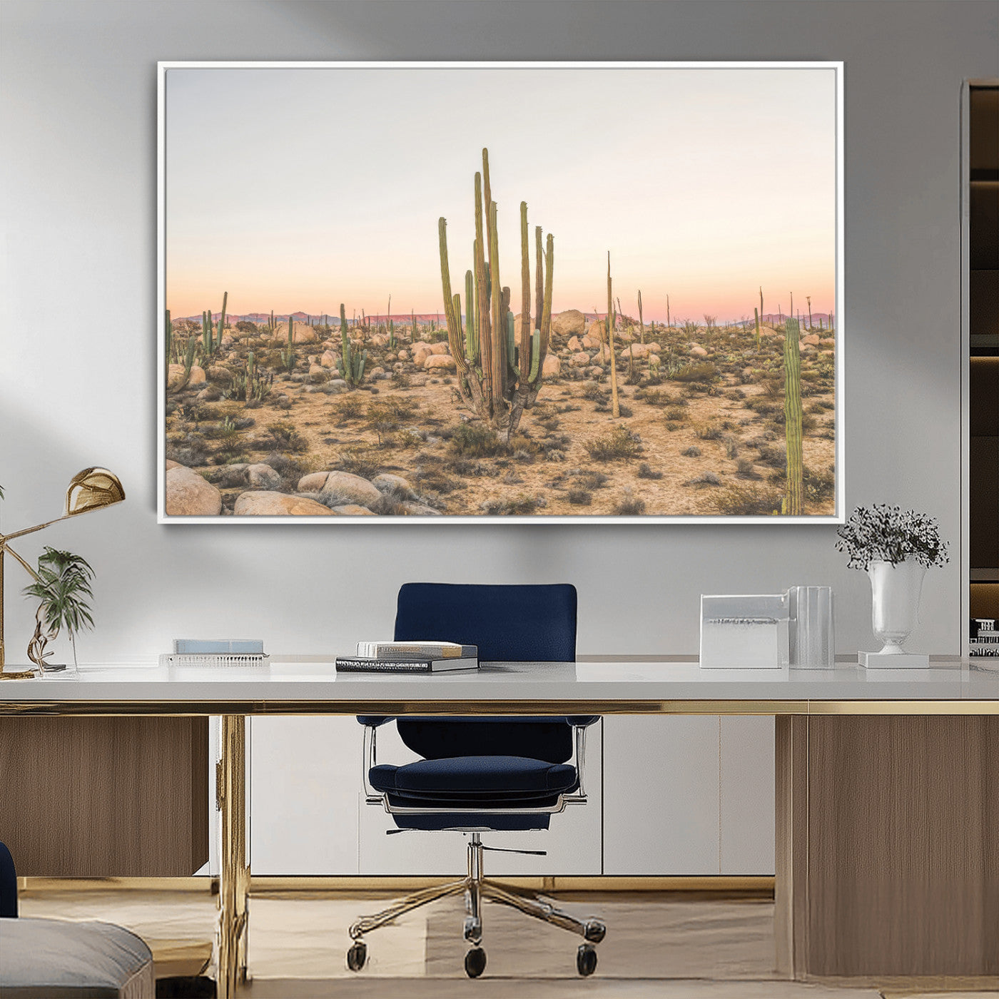 76234974-MGV-CV-36X24-Desert Cactus Wall Art Canvas Print, Framed Baja Desert Art Picture Print, Pastel Desert Perfect Southwestern Boho Decor Artwork