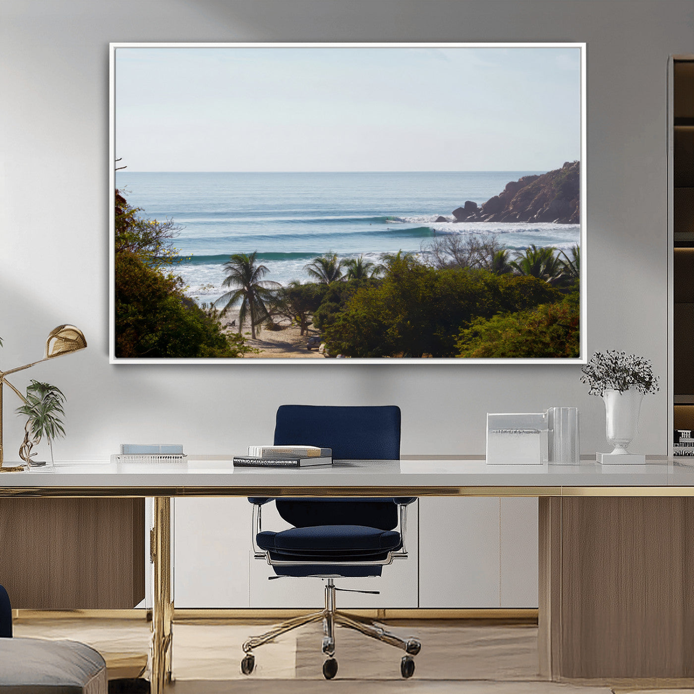 88336640-MGV-FC-36X24_White-Tropical Beach Scene Wall Art Canvas Print, Framed Coastal Photography Art Picture Print, Ocean Horizon Art Perfect Coastal Boho
