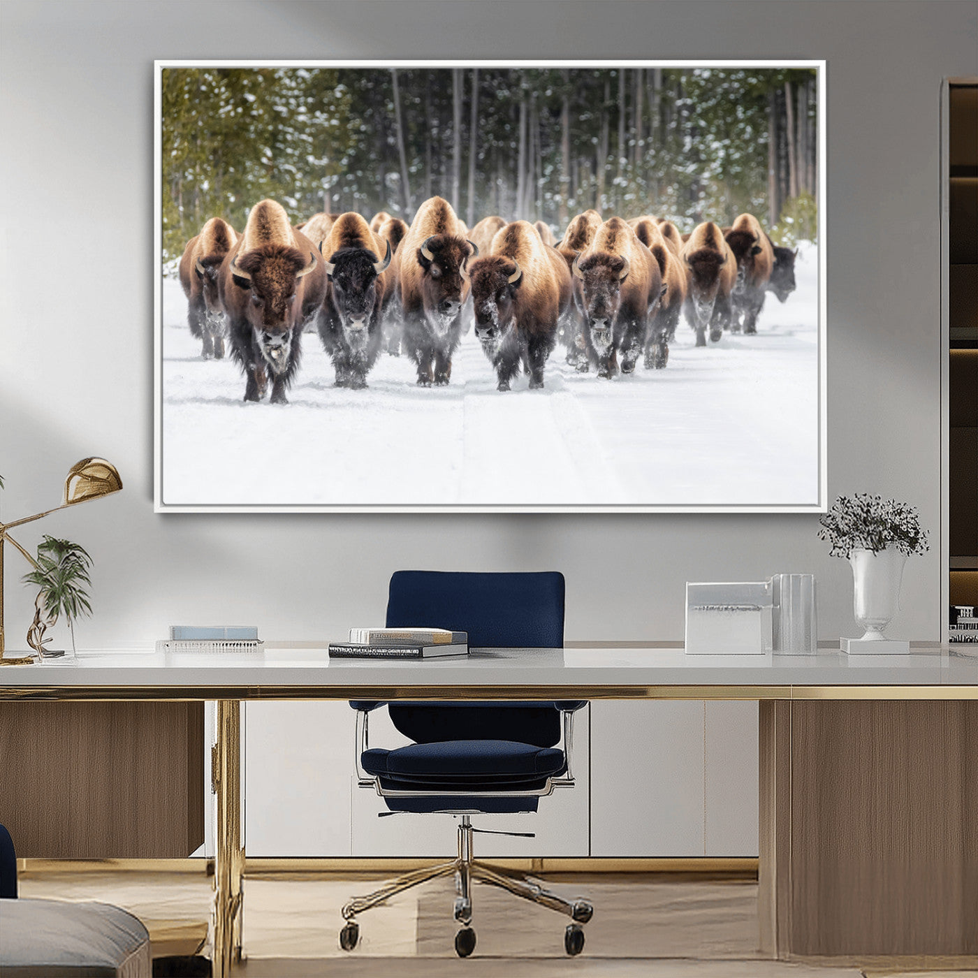 22695857-MGV-CV-36X24-Bison Herd Scene Wall Art Canvas Print, Framed Western Wildlife Art Picture Print, Rustic Animal Art Perfect Rustic Lodge Decor