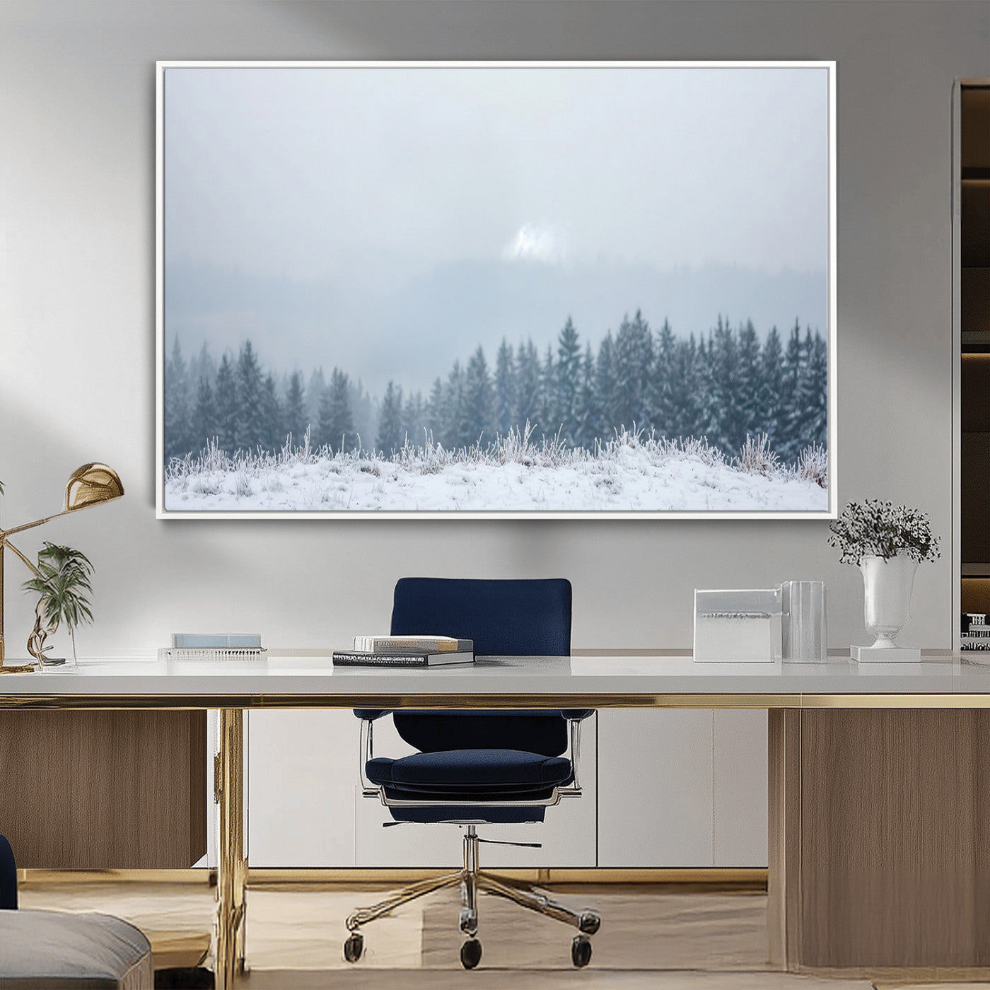 33033082-MGV-CV-36X24-Winter Forest Art Wall Art Canvas Print, Framed Snowy Landscape Art Picture Print, Misty Tree Scene Perfect Nordic Minimalist