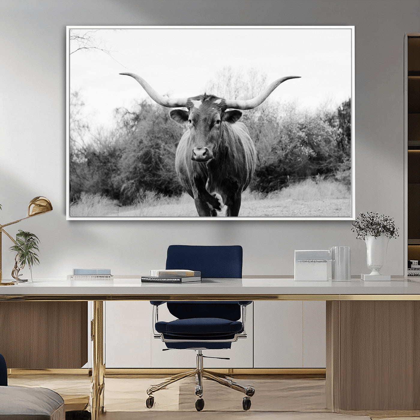 97280319-MGV-CV-36X24-Longhorn Photography Wall Art Canvas Print, Framed Western Cow Decor Art Picture Print, Texas Ranch Style Perfect Rustic Farmhouse