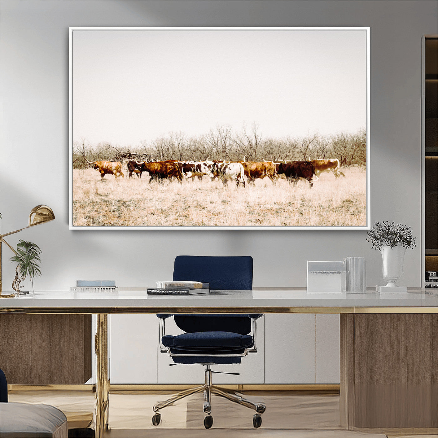 12454132-MGV-CV-36X24-Cow Herd Photography Wall Art Canvas Print, Framed Rustic Farmhouse Decor Art Picture Print, Western Ranch Style Perfect Rustic