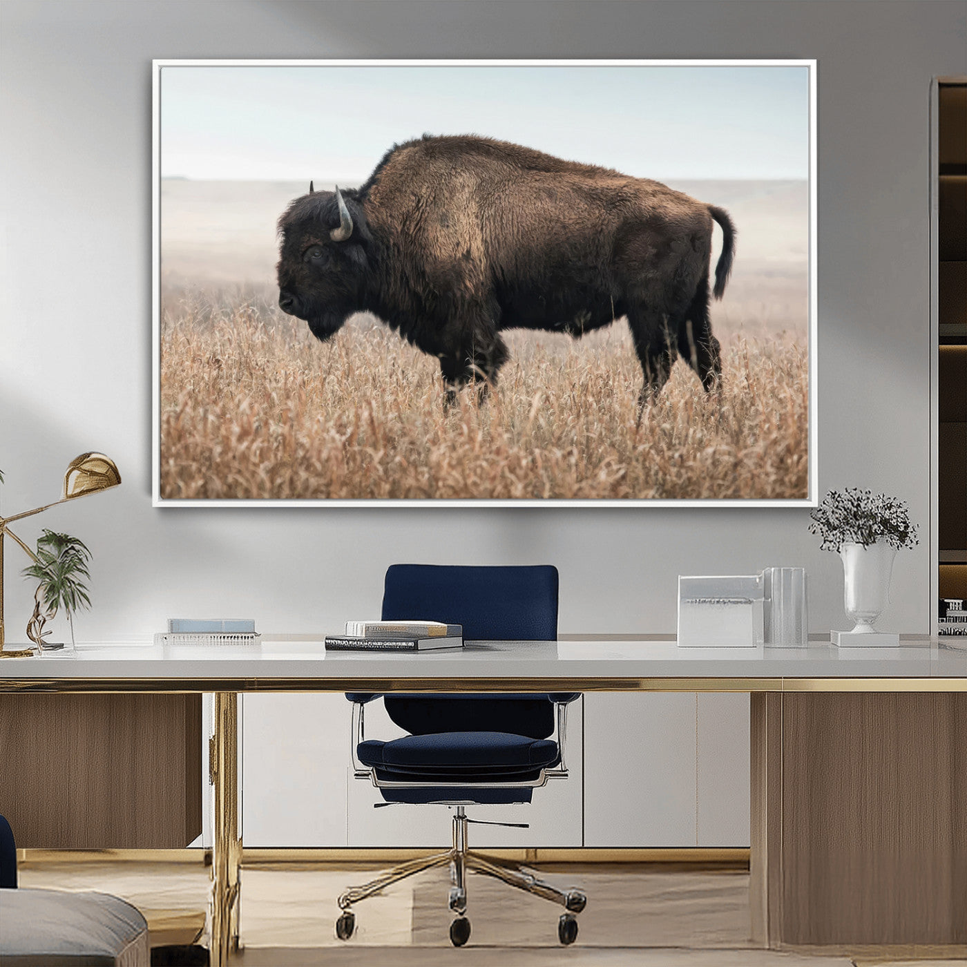 34451925-MGV-CV-36X24-Rustic Bison Decor Wall Art Canvas Print, Framed Buffalo Home Accent Art Picture Print, Prairie Wildlife Scene Perfect Western